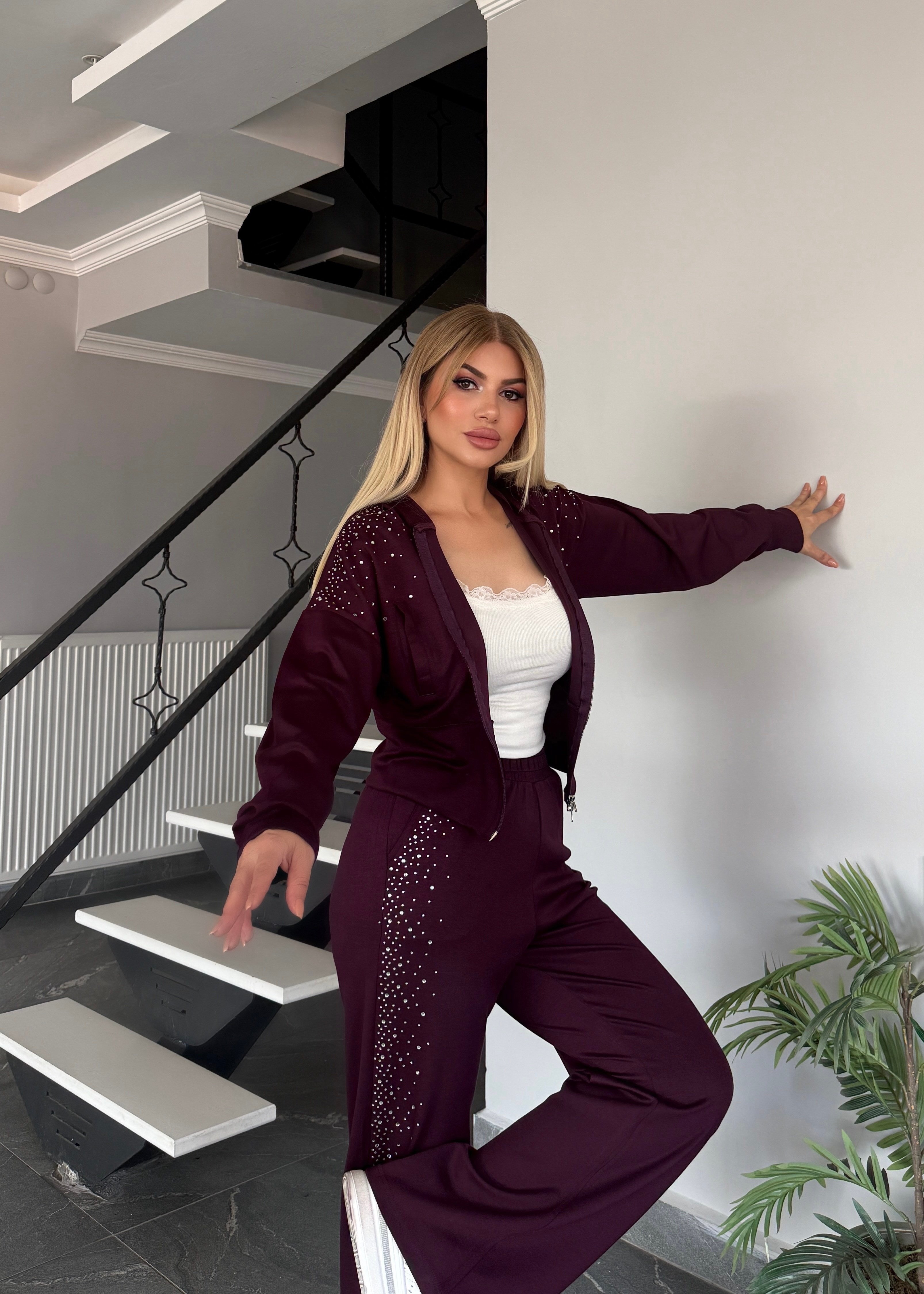 BB çift fermuarlı taşlı takım bordo 