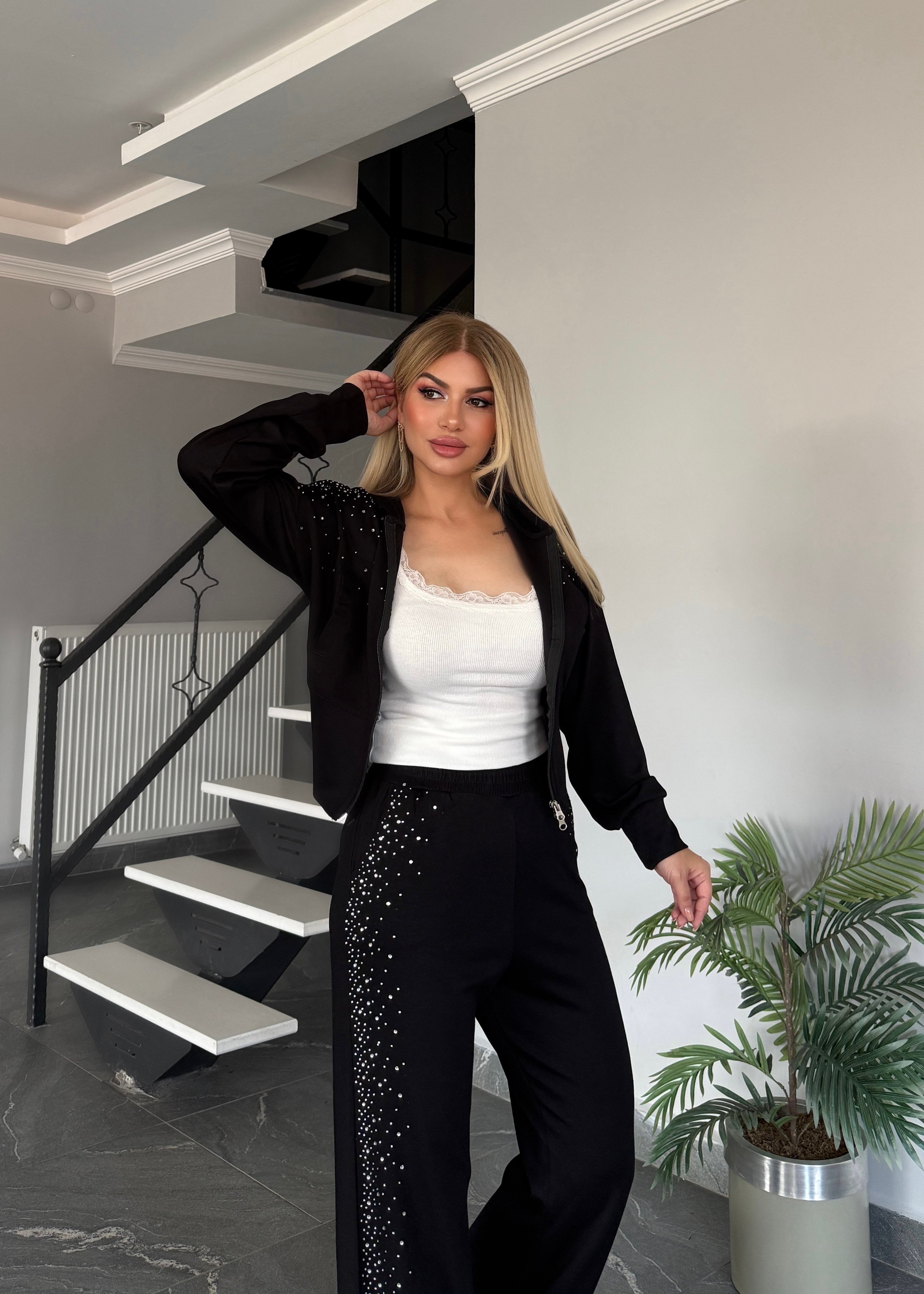 BB çift fermuarlı taşlı takım siyah 