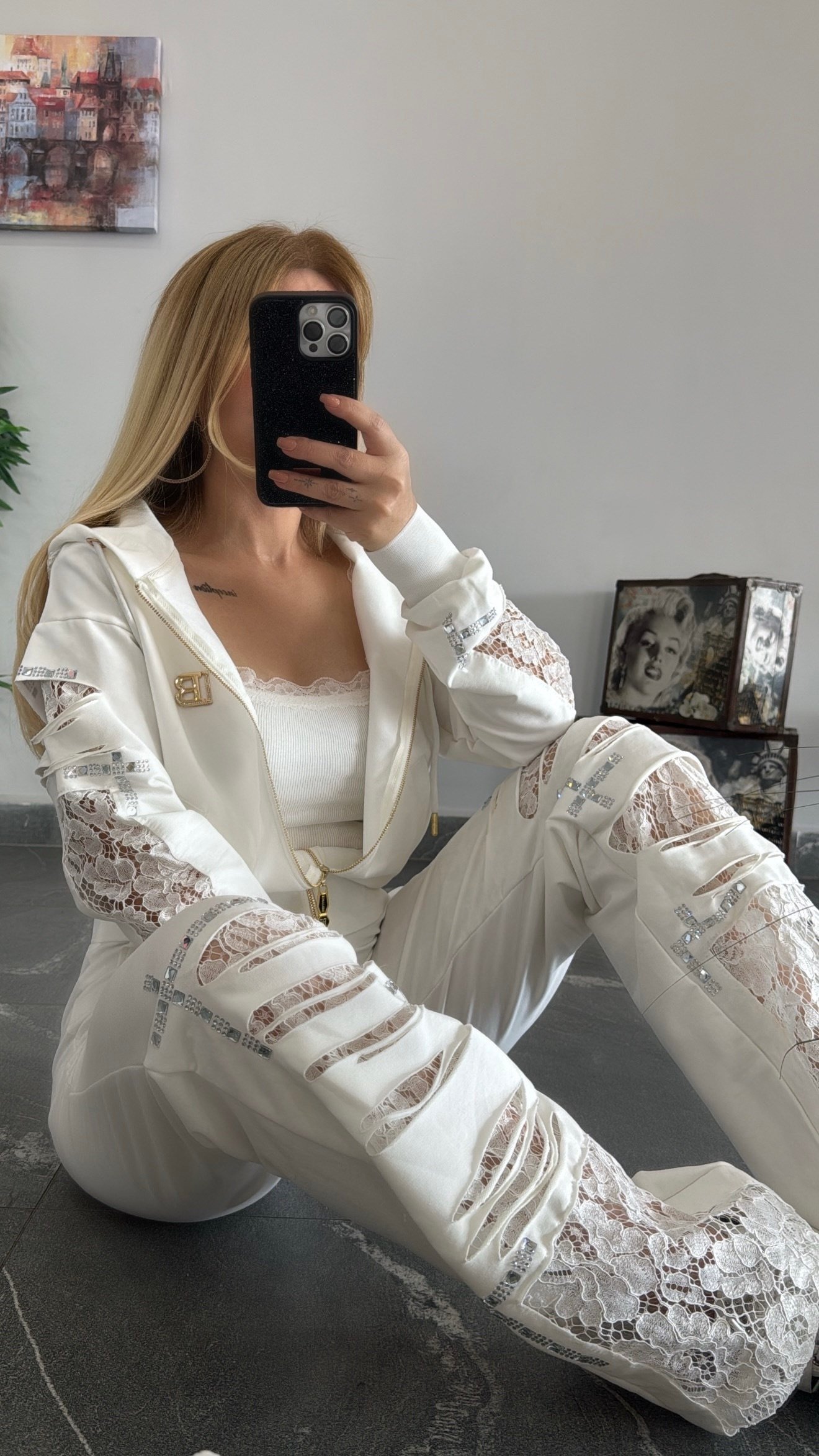 BB Dantelli Taşlı takım beyaz 