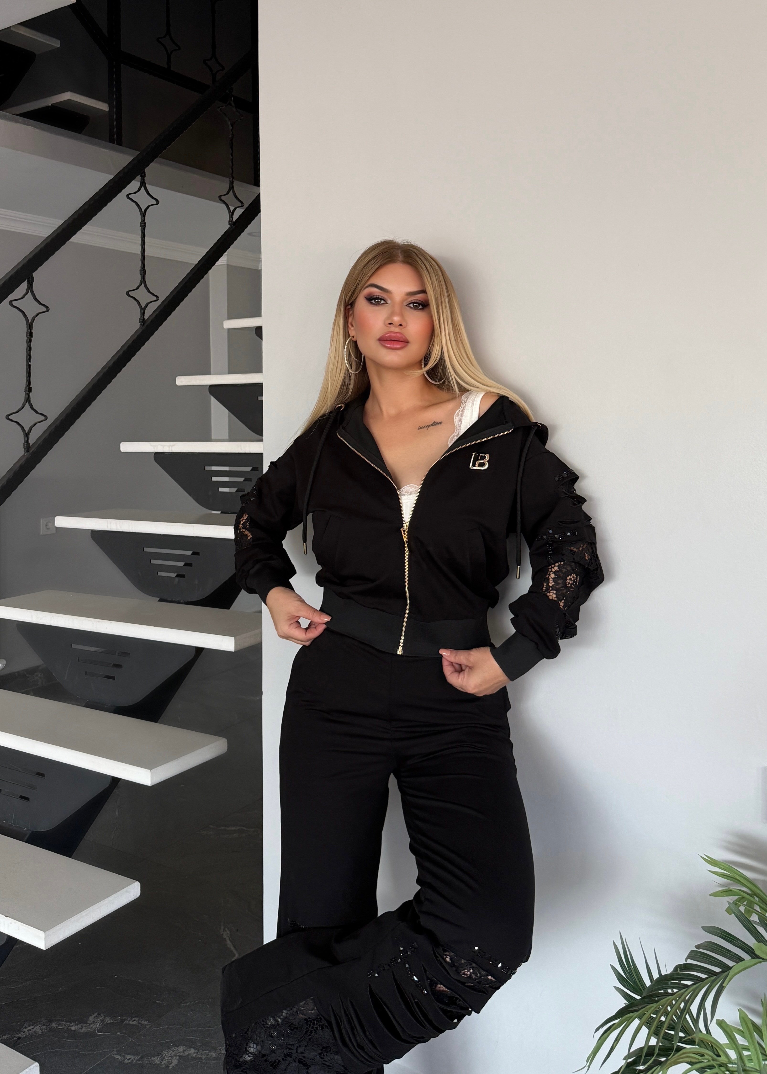 BB Dantelli Taşlı takım siyah 