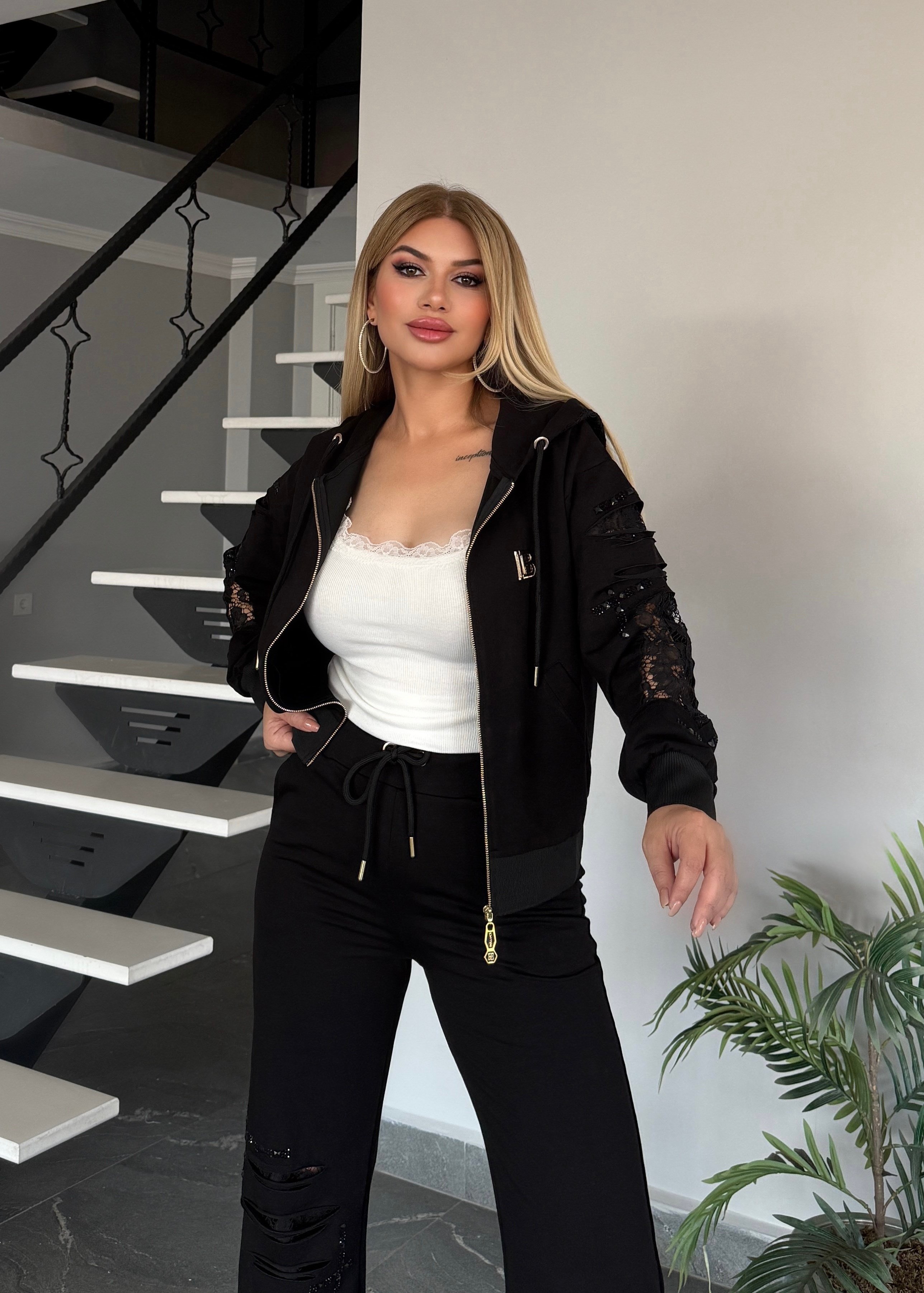 BB Dantelli Taşlı takım siyah 