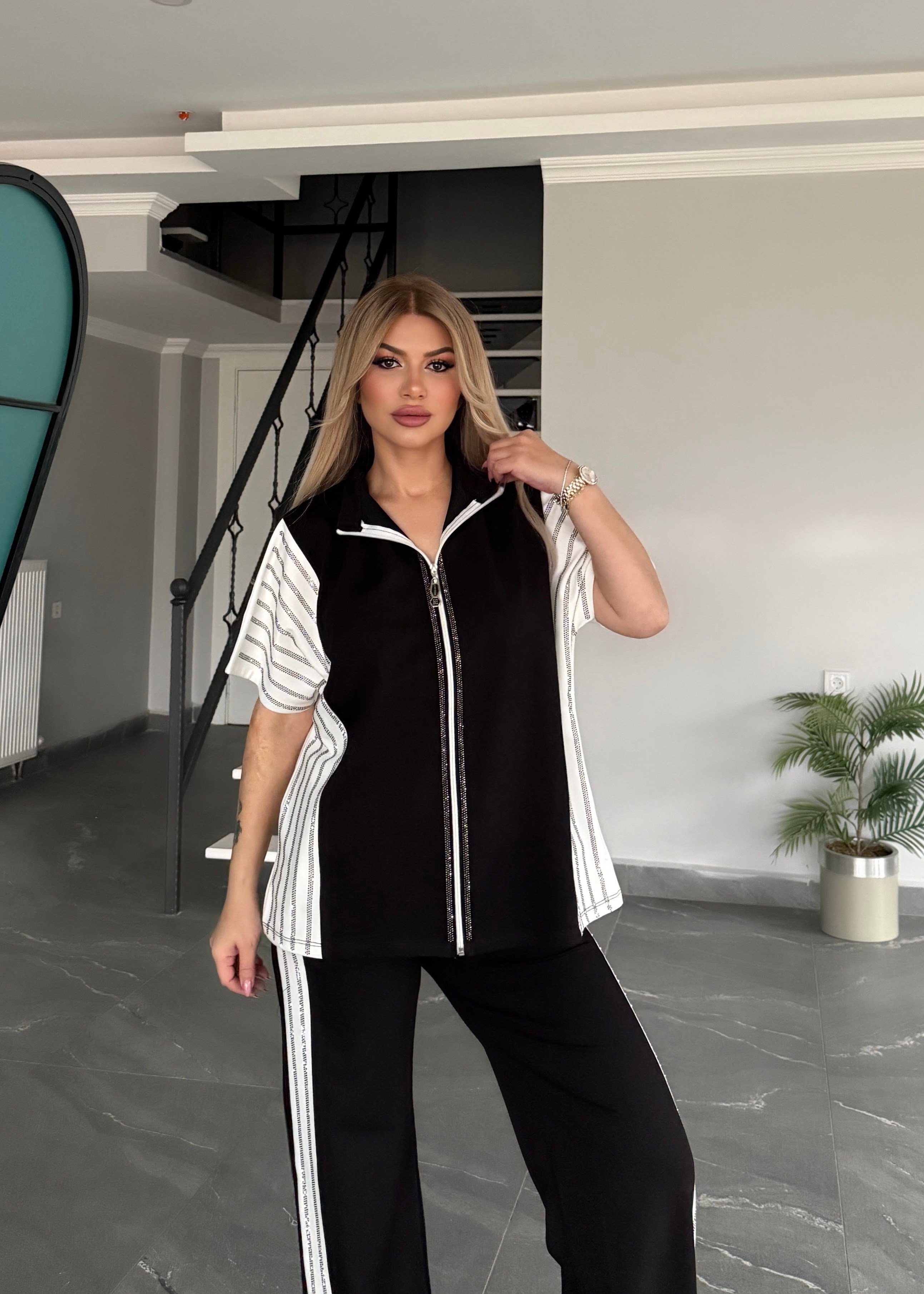 BB fermuarlı taşlı takım siyah 