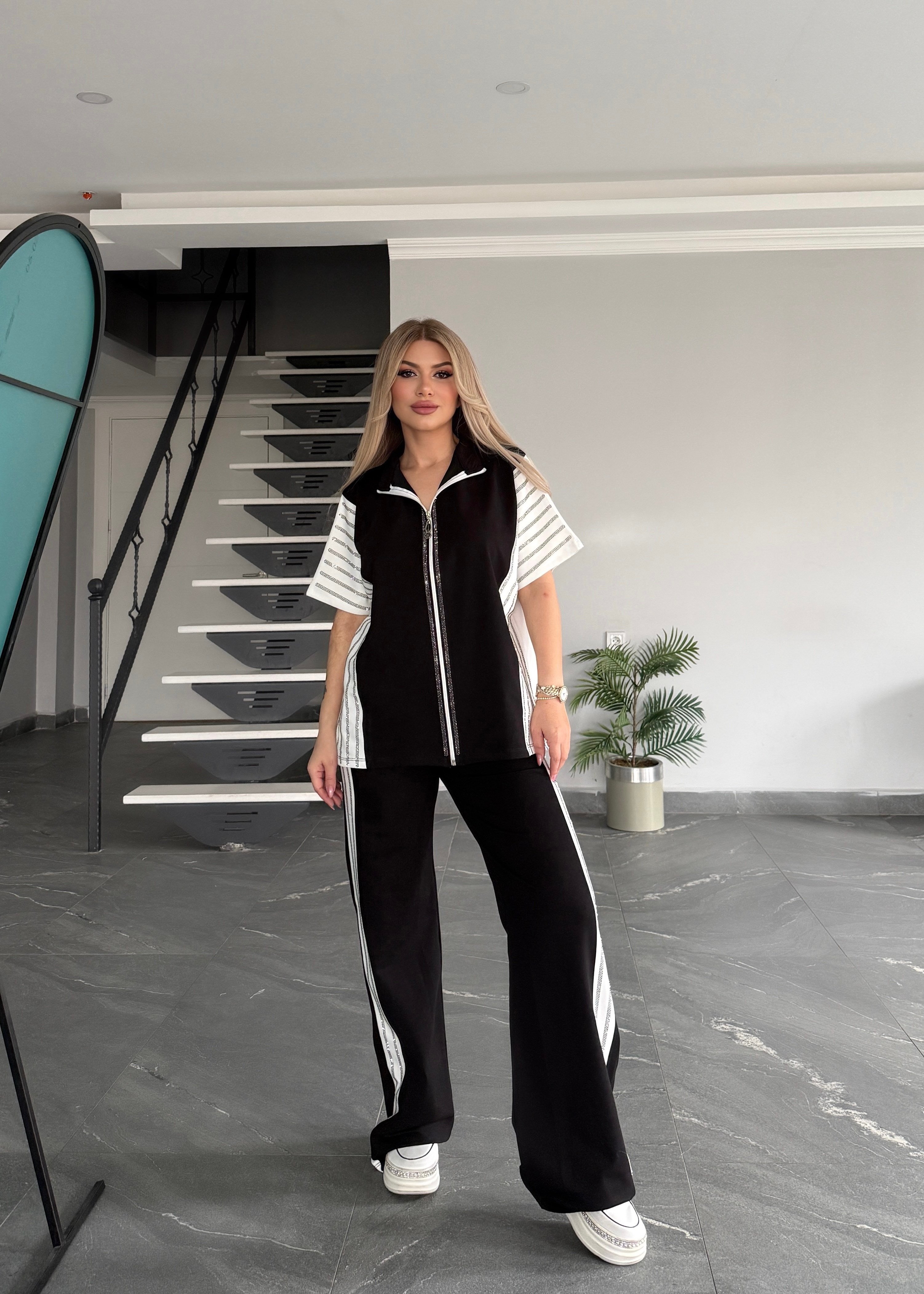 BB fermuarlı taşlı takım siyah 