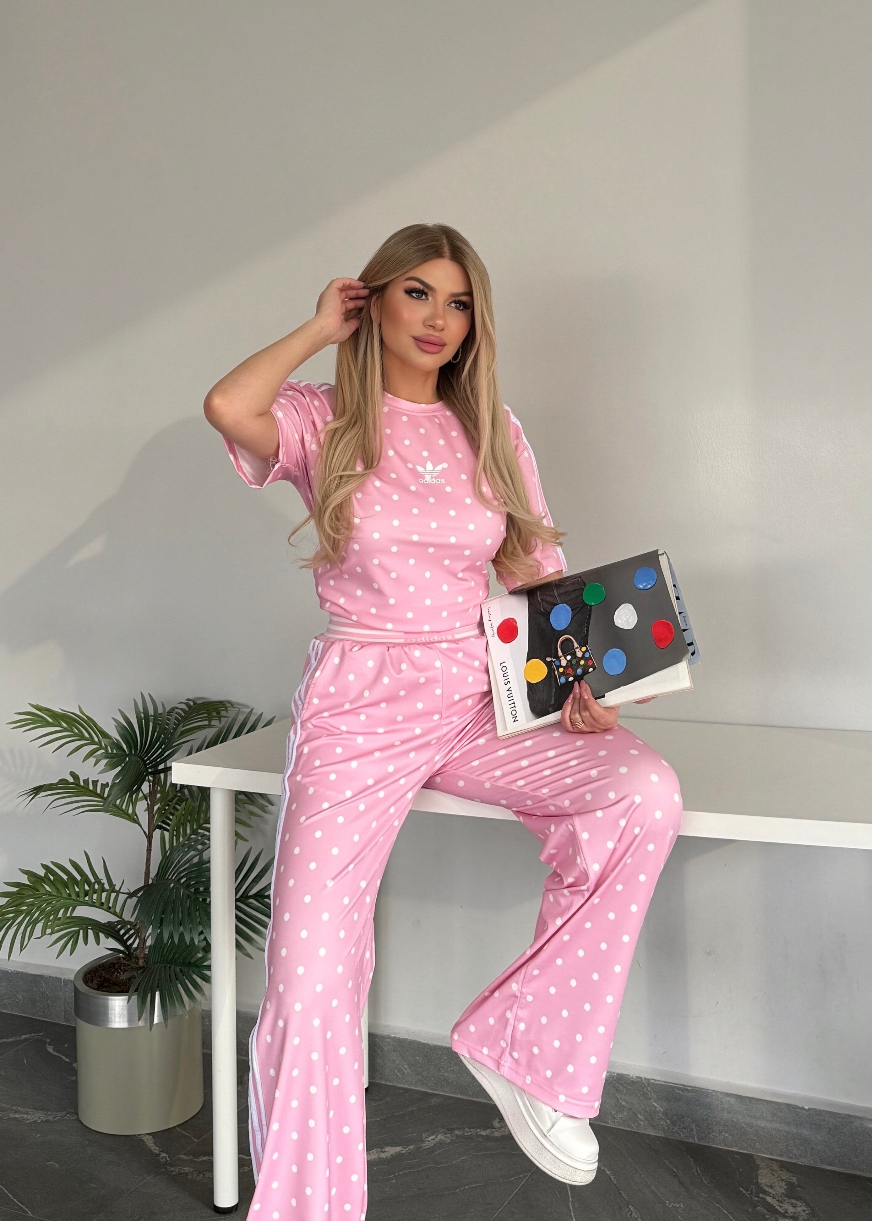 Bel detaylı Puantiye takım pembe 