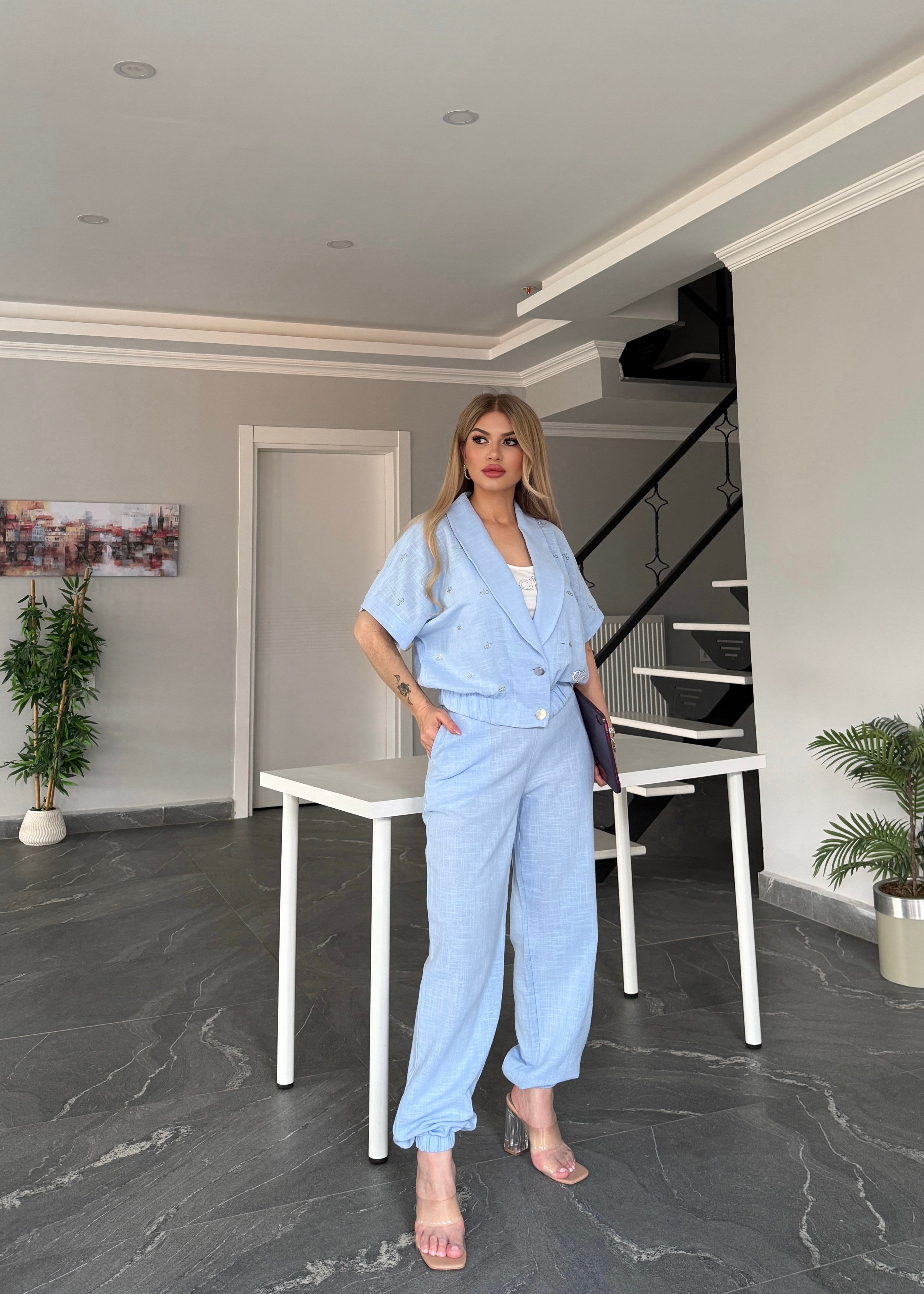 Ceketli taşlı 3 lü keten takım mavi 