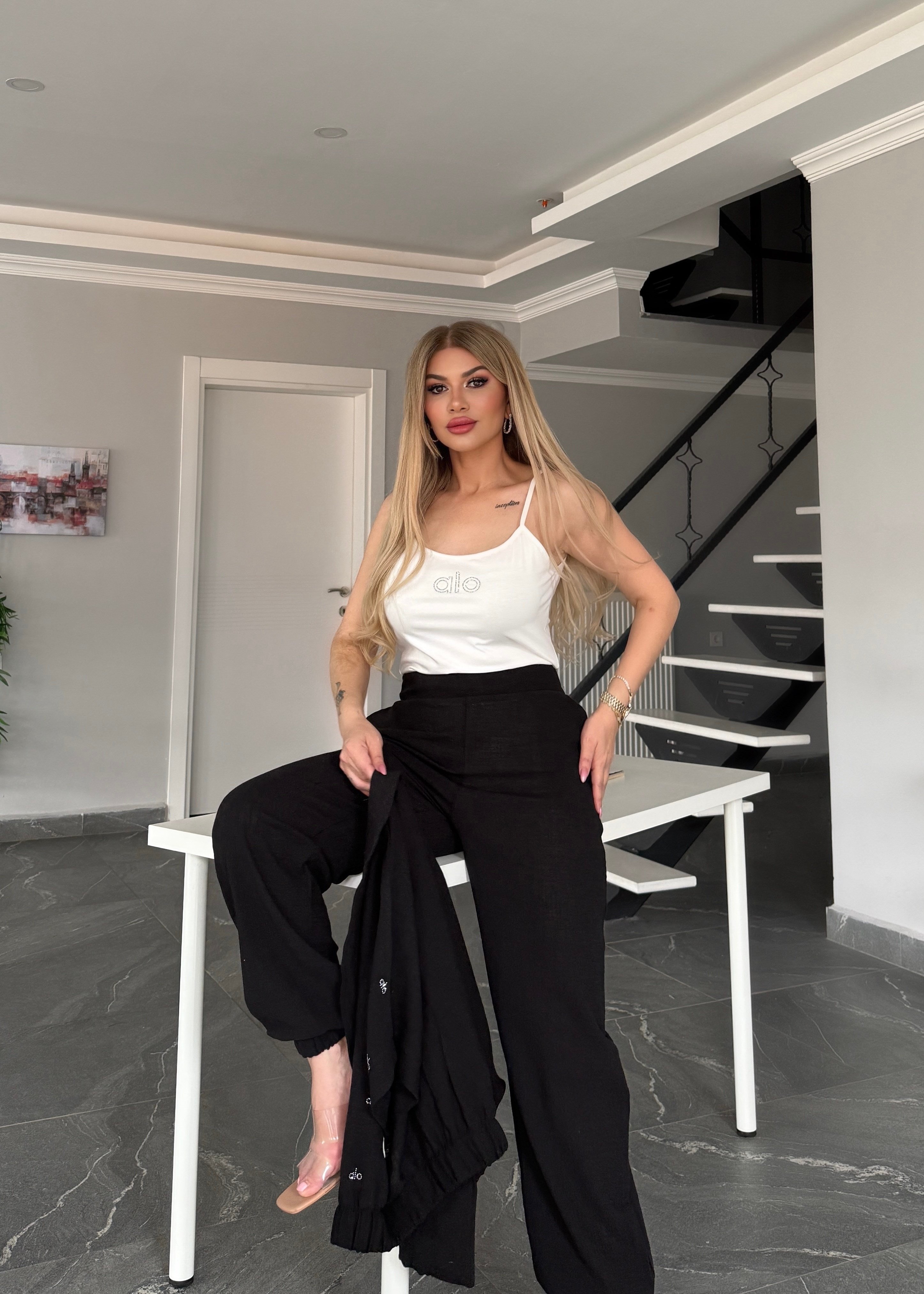 Ceketli taşlı 3 lü keten takım siyah  
