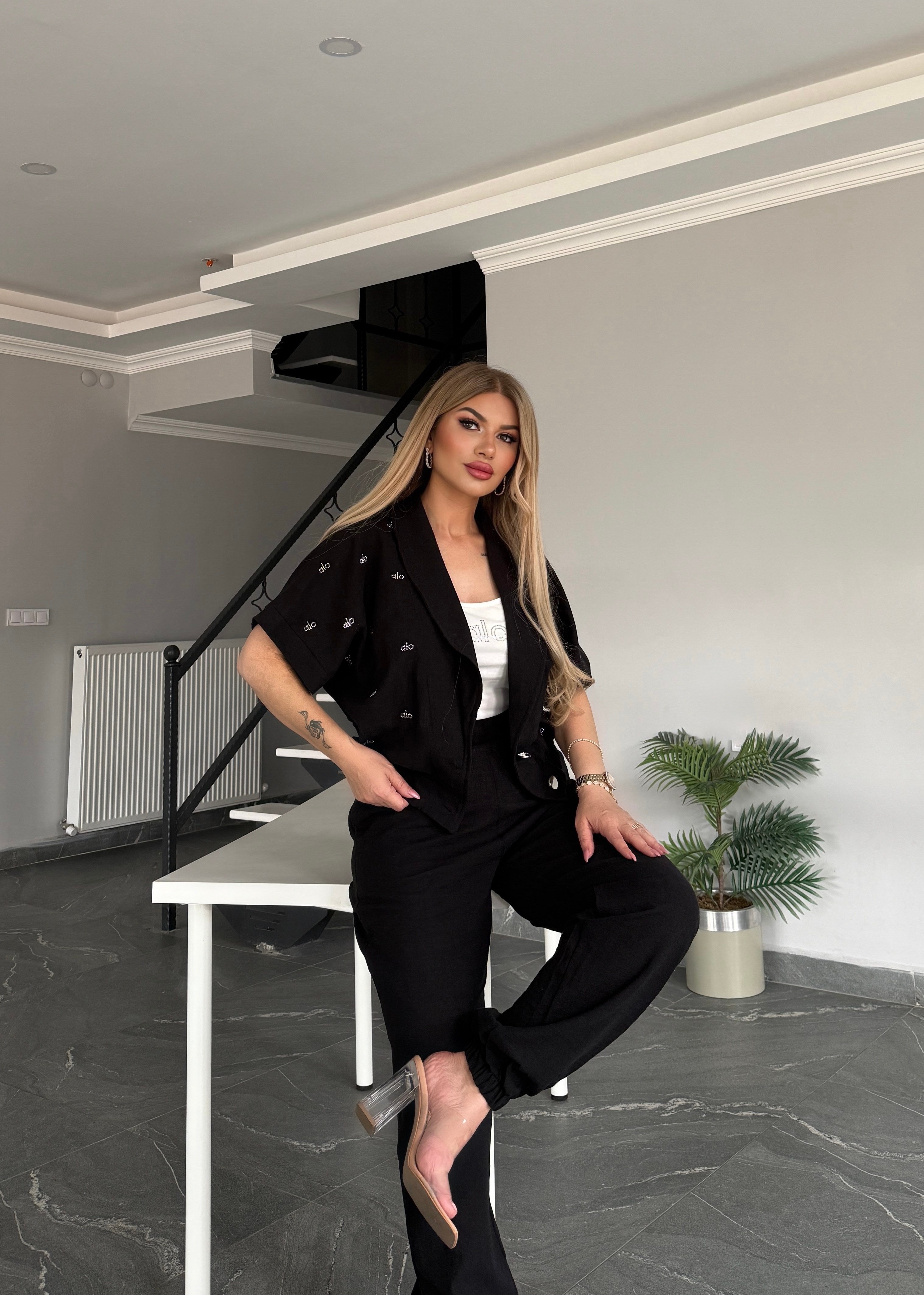 Ceketli taşlı 3 lü keten takım siyah  