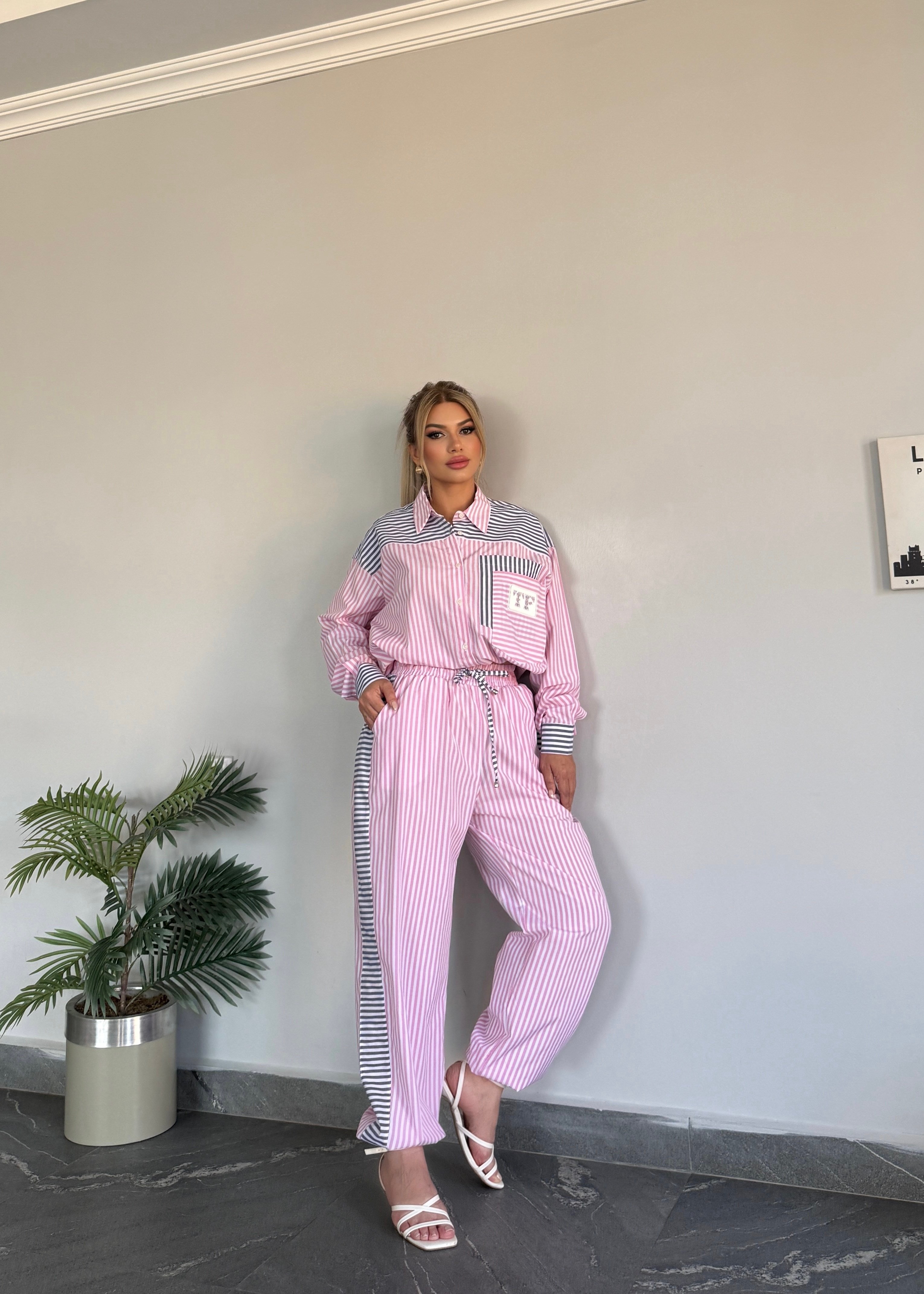 Çizgili çift renki takım pembe 