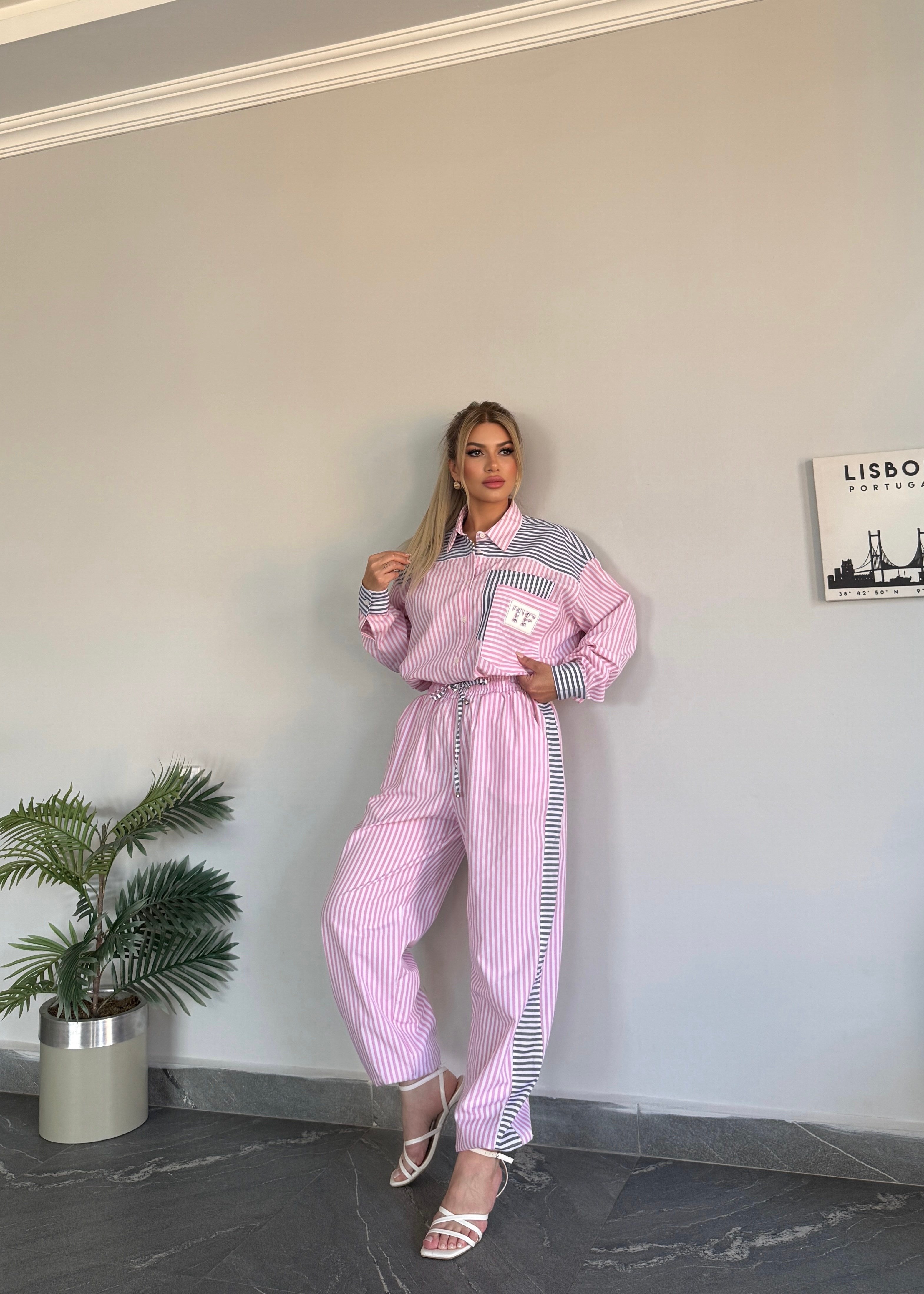 Çizgili çift renki takım pembe 