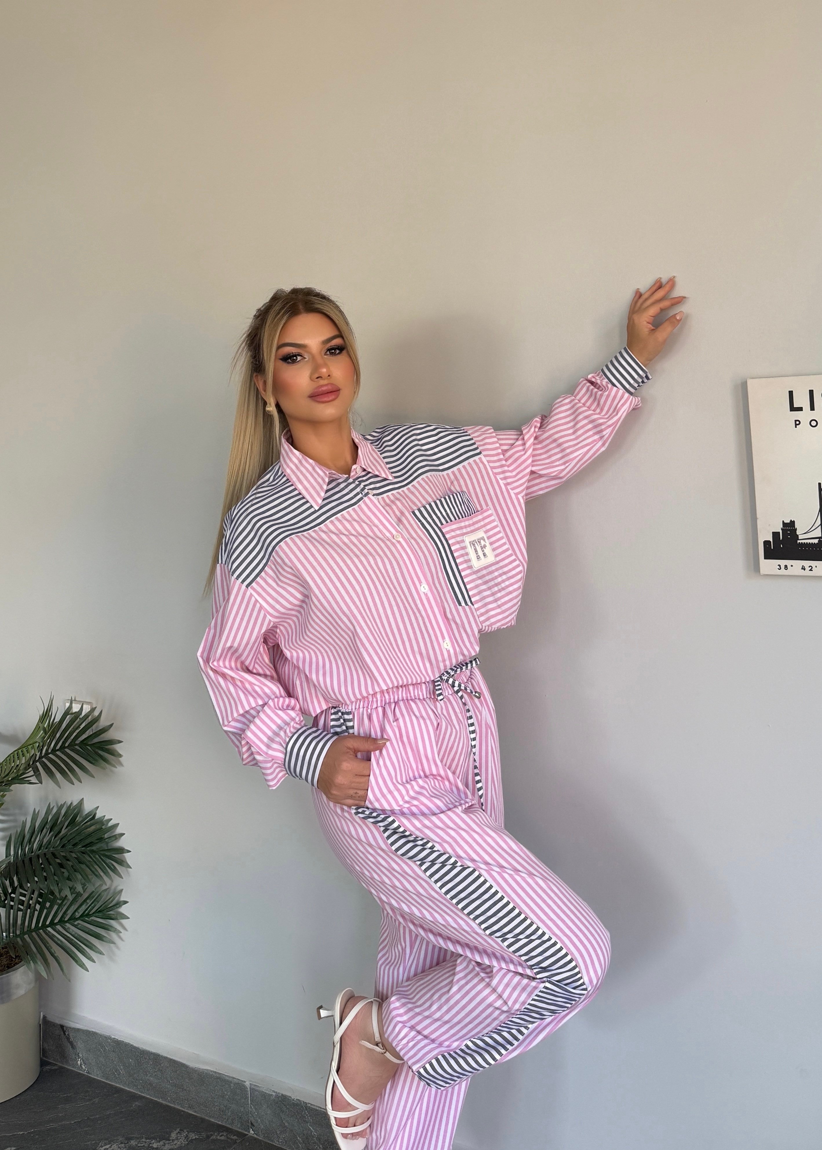 Çizgili çift renki takım pembe 