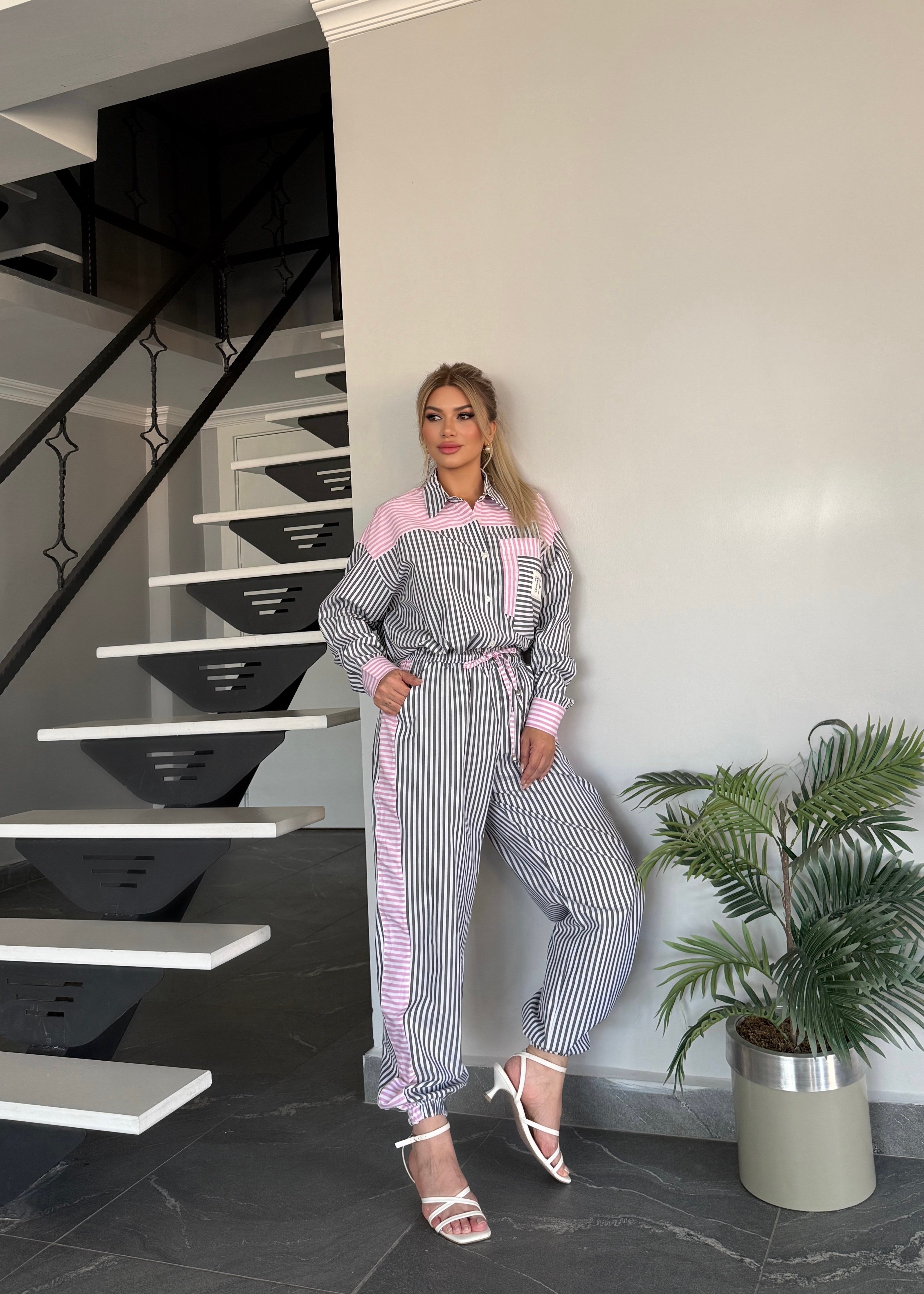 Çizgili çift renki takım siyah pembe 