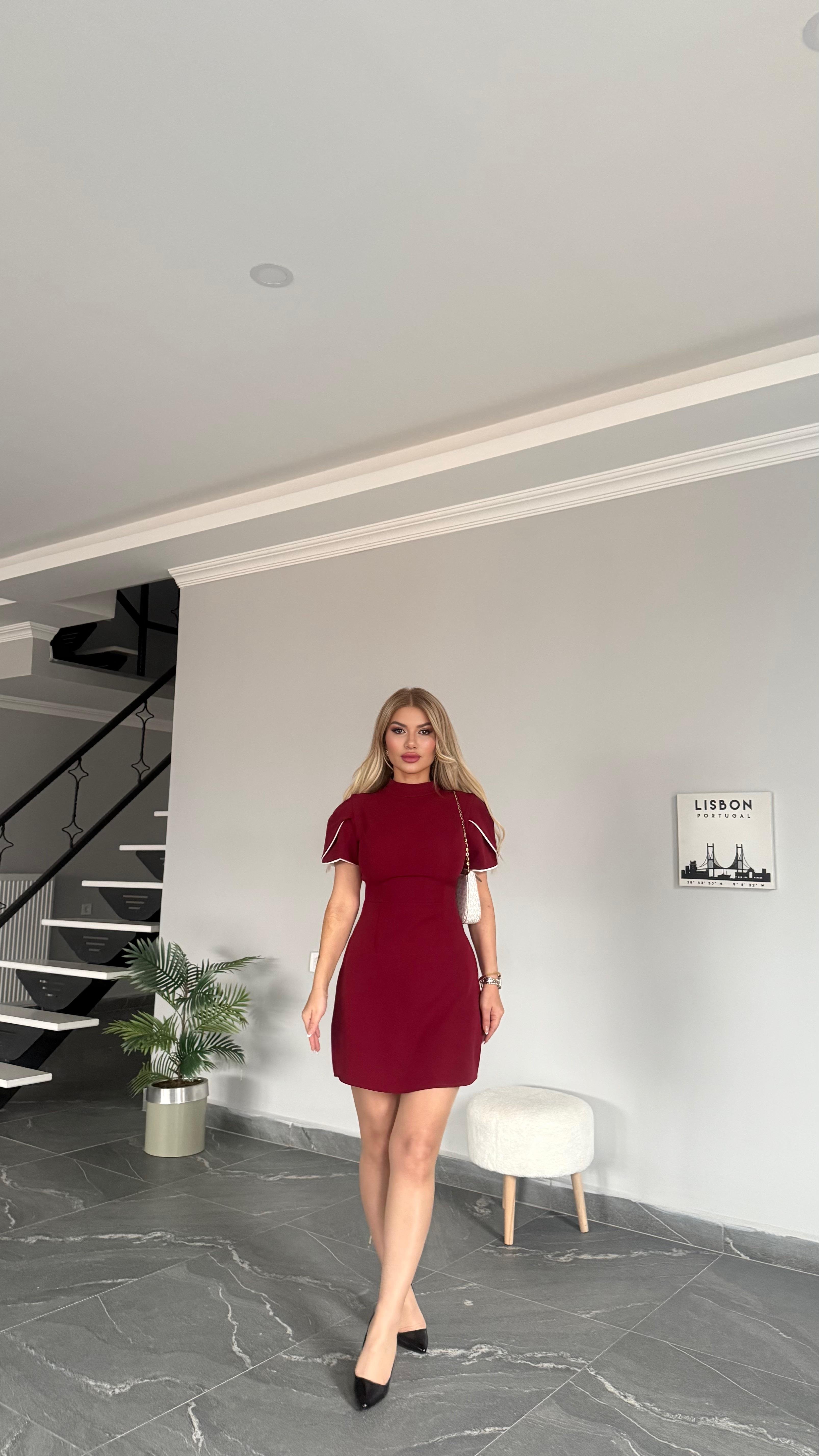 DC fiyonk detaylı elbise bordo 