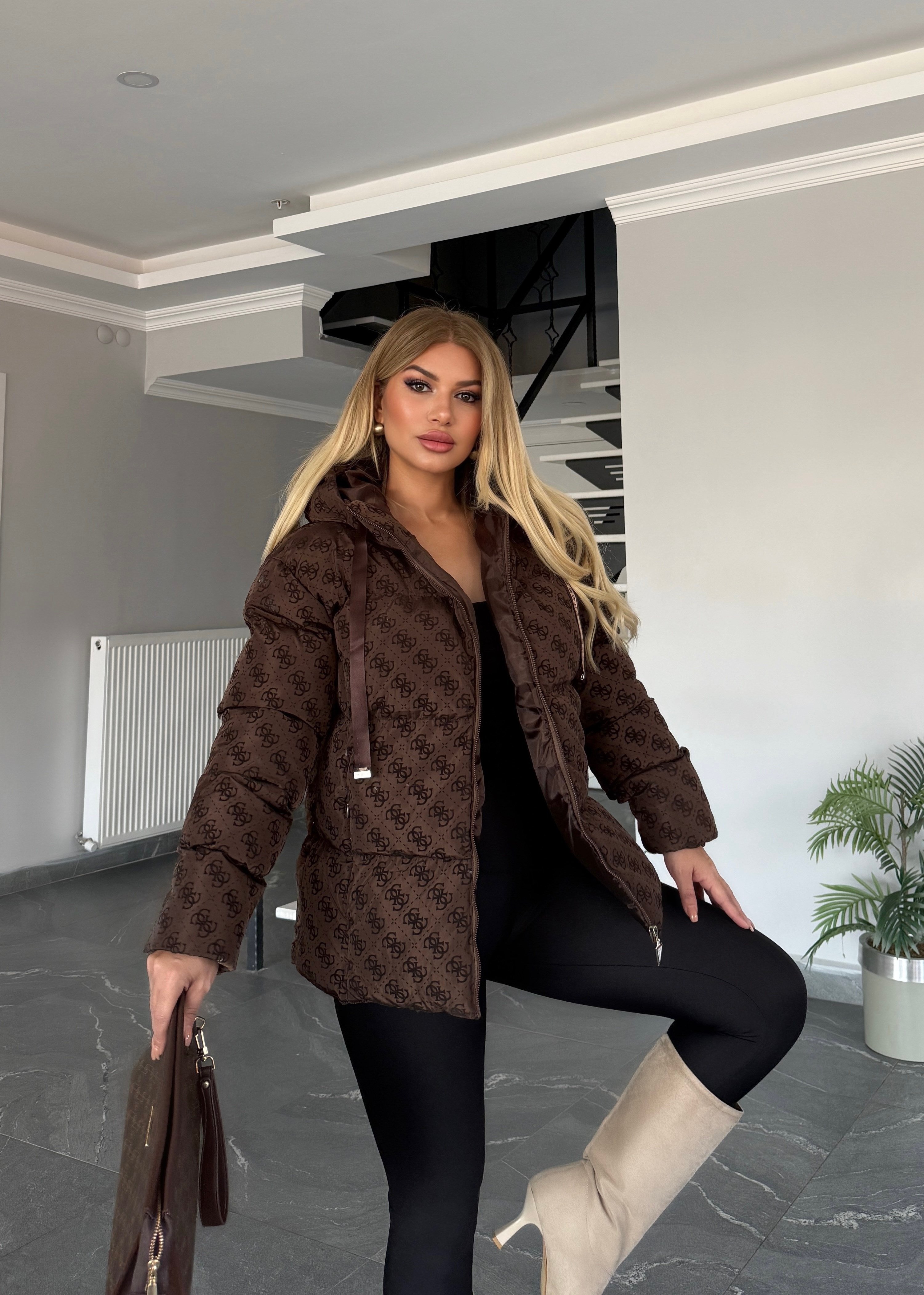 Dolgulu şişme mont acı kahve 