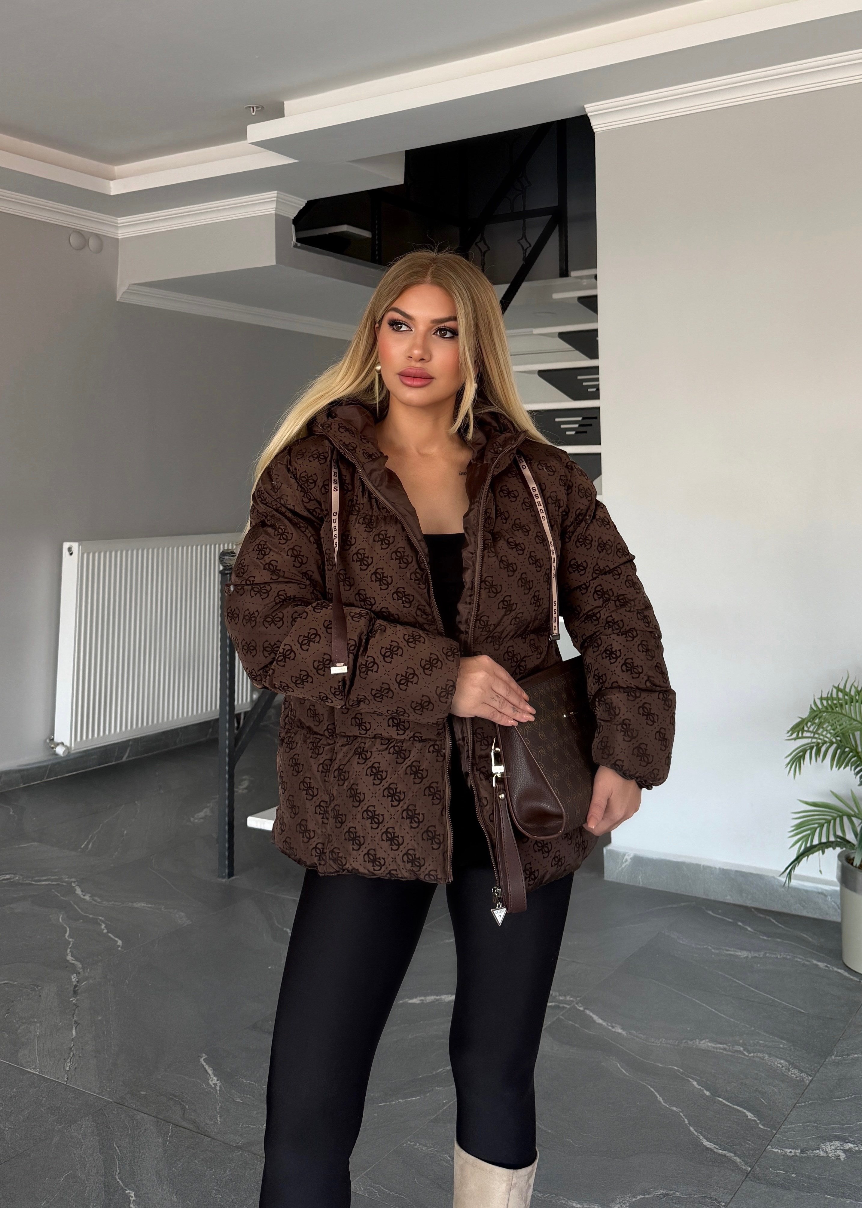 Dolgulu şişme mont acı kahve 