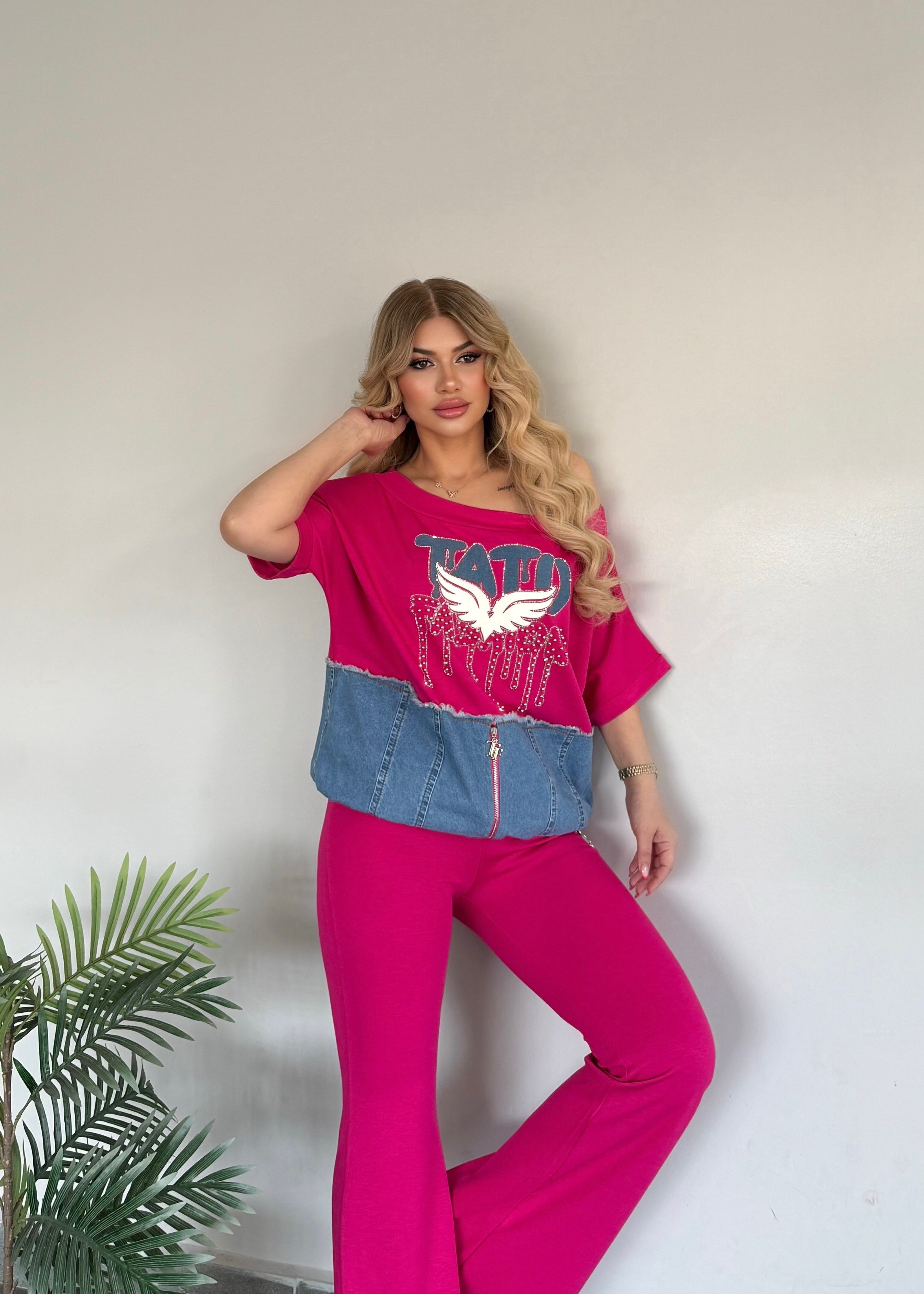 Fermuarlı düşük omuz takım pembe  