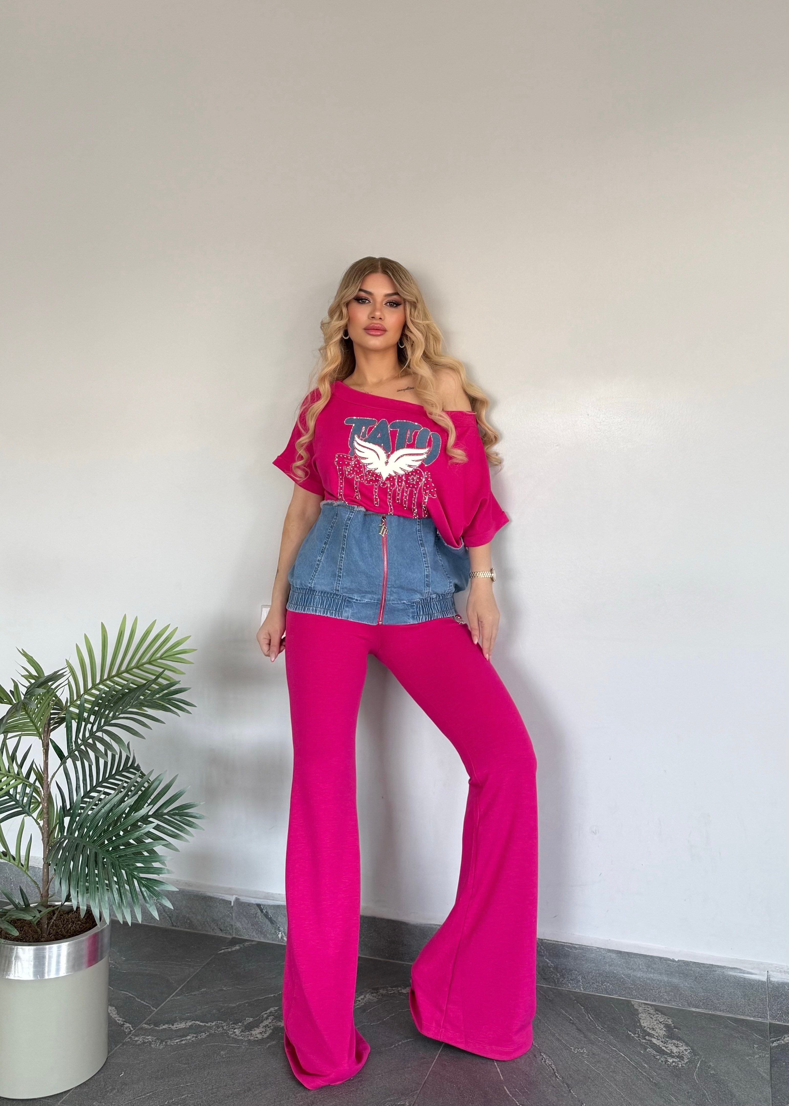 Fermuarlı düşük omuz takım pembe  