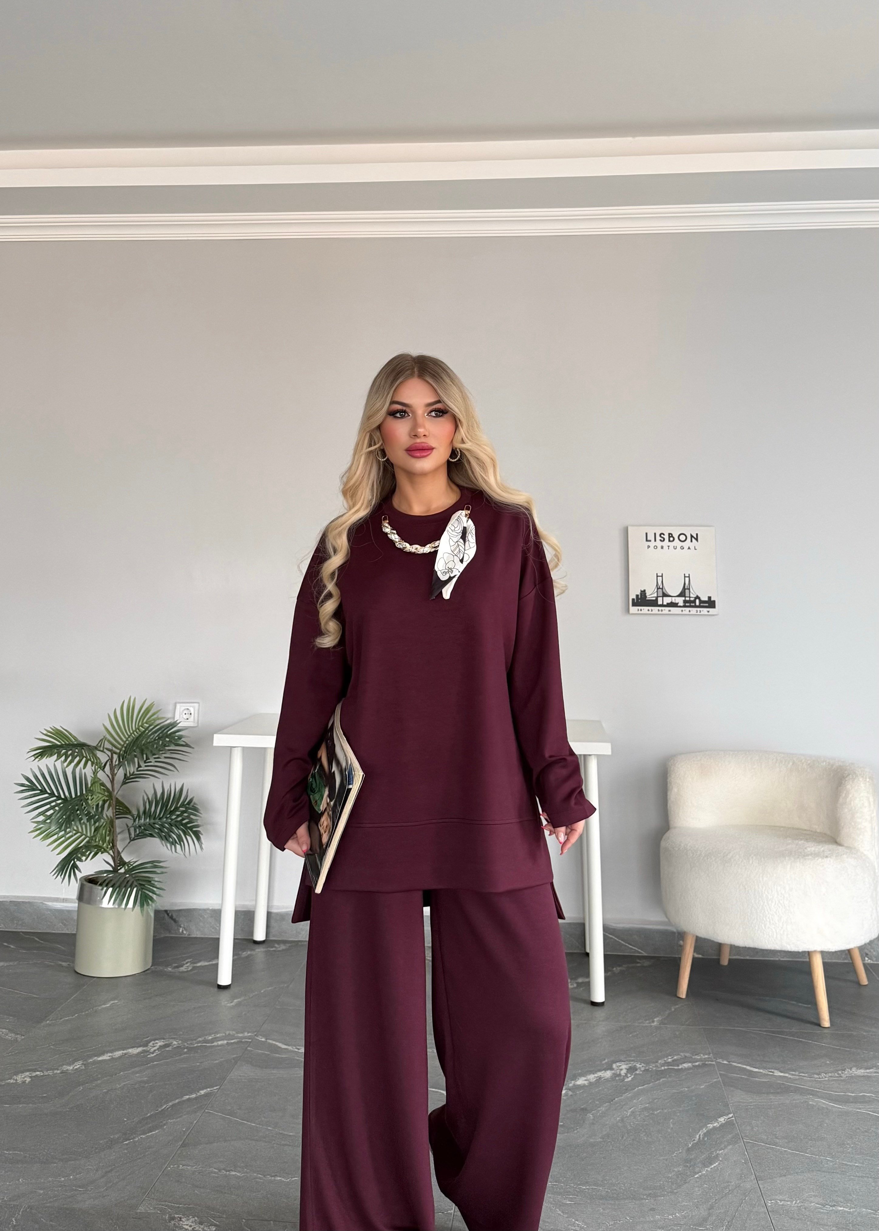 Fularlı takım bordo 