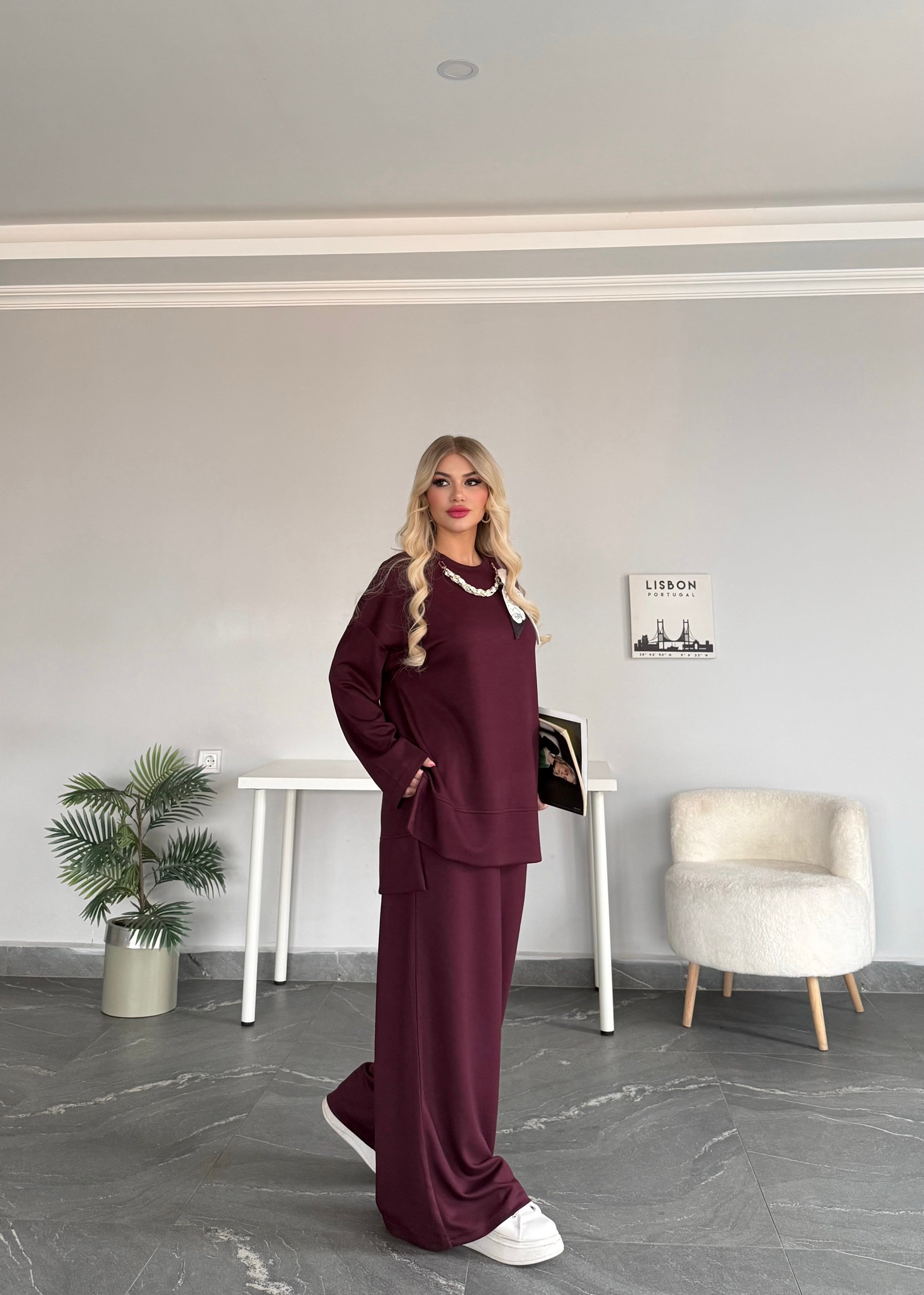 Fularlı takım bordo 