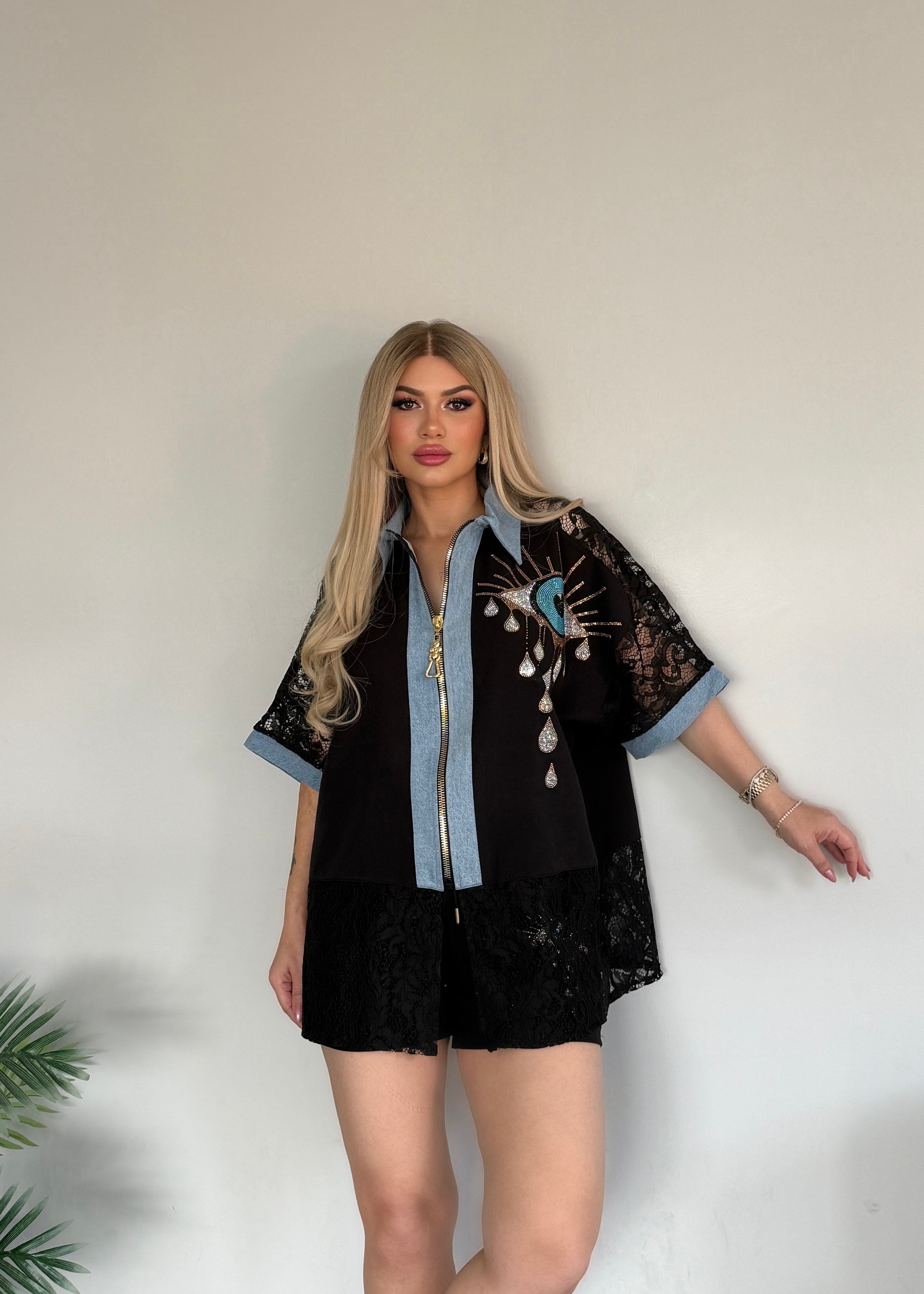 Göz detaylı şortlu takım siyah 