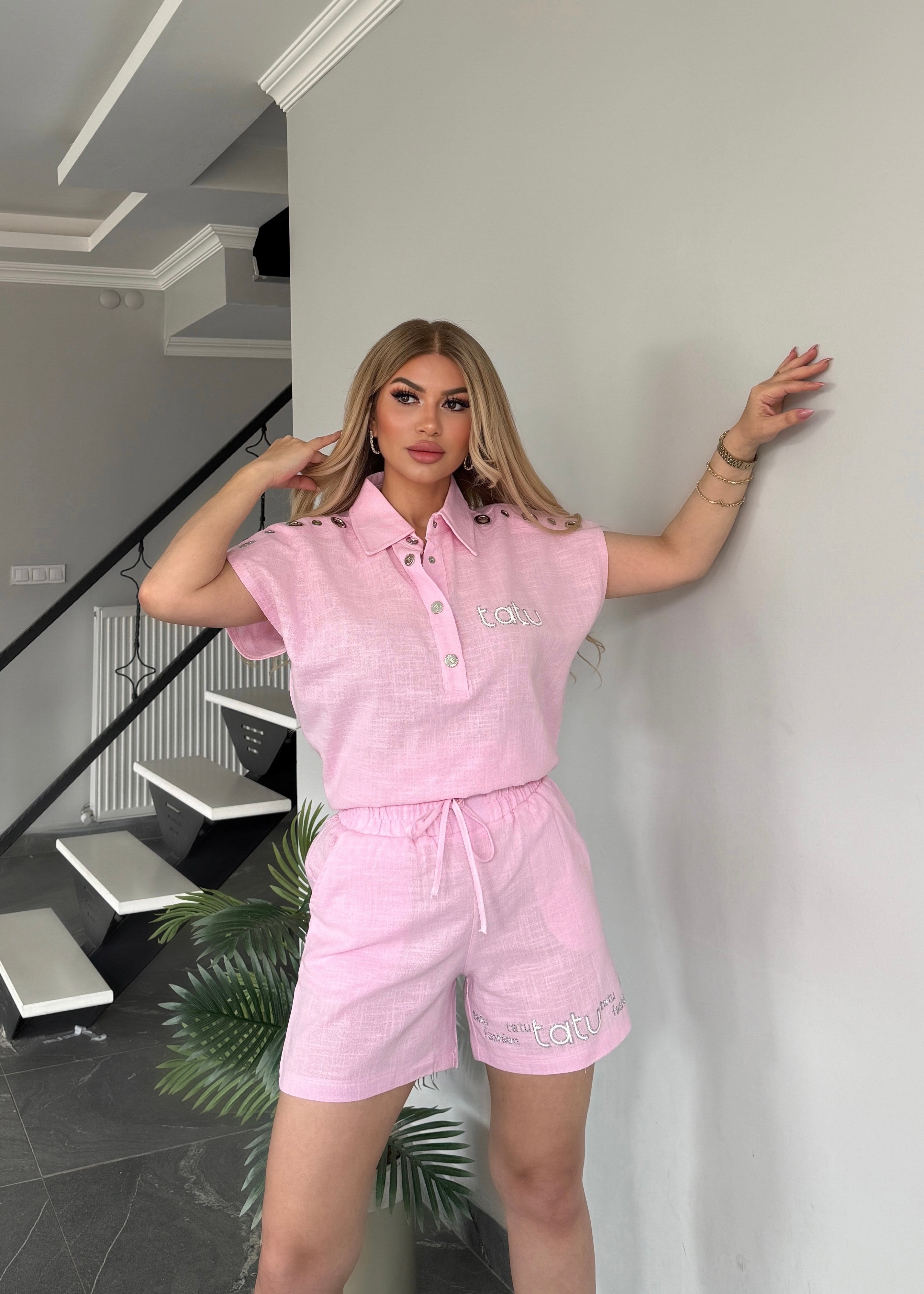 Keten şortlu takım  pembe 