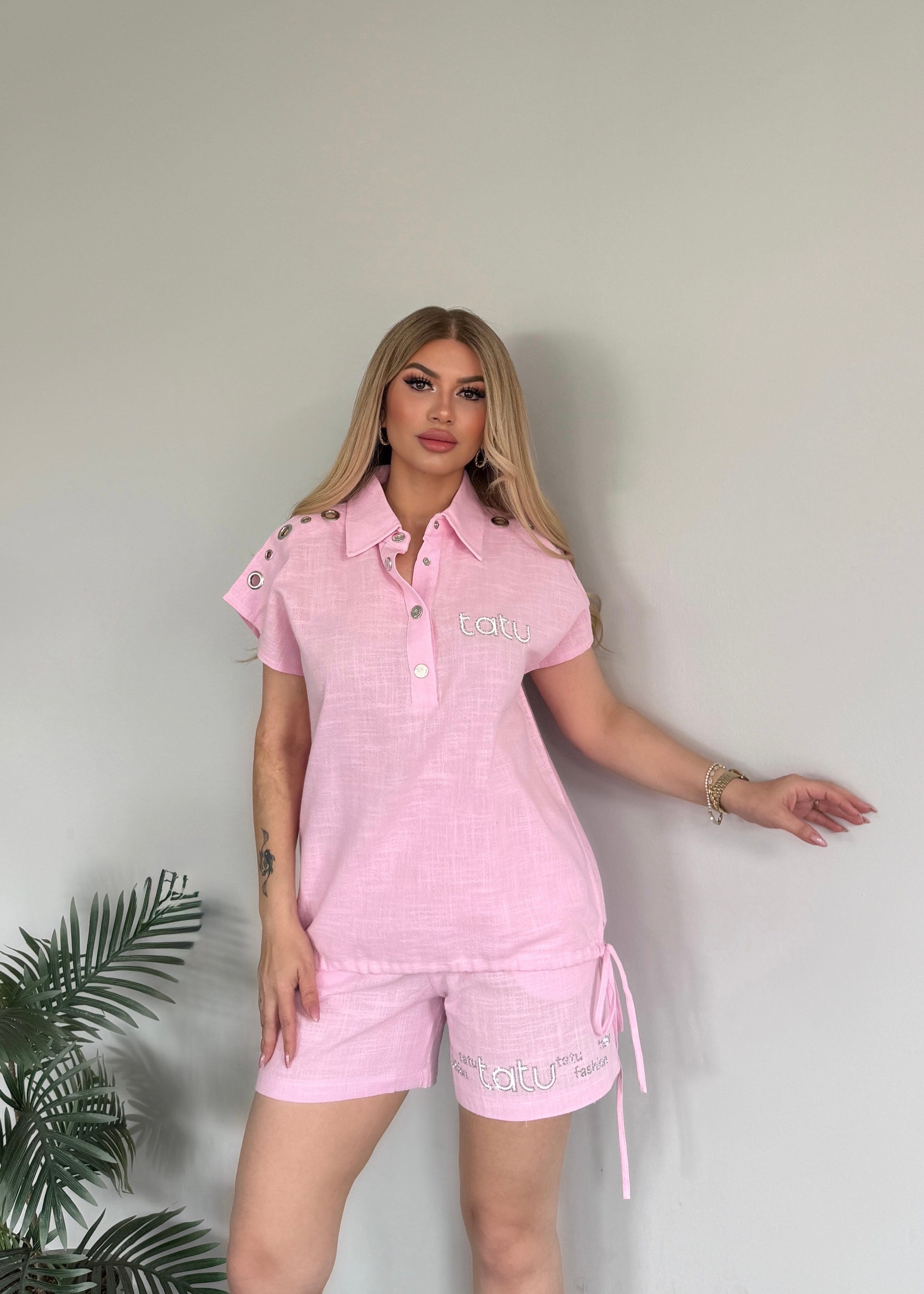 Keten şortlu takım  pembe 