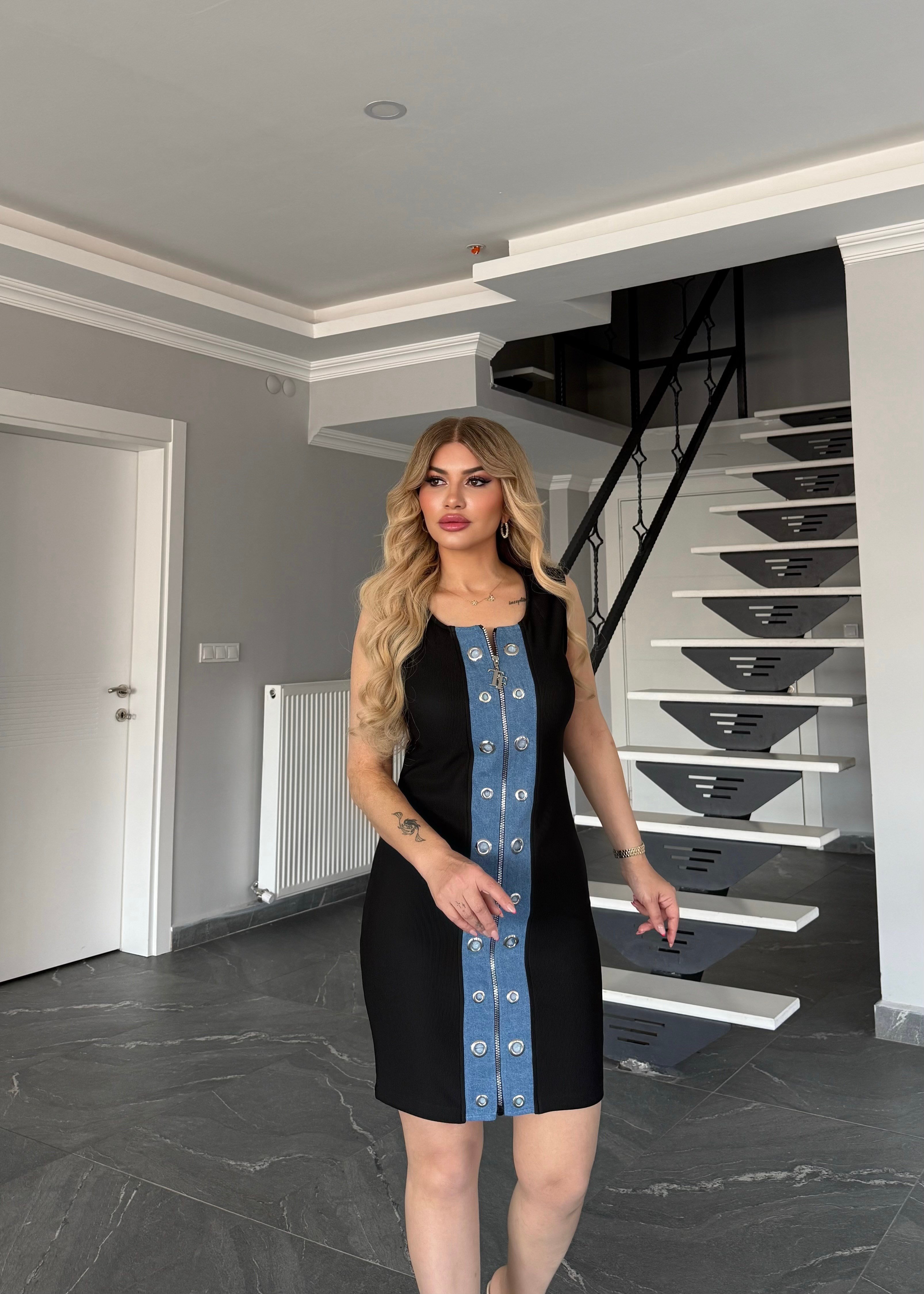 Kot şeritli elbise siyah 
