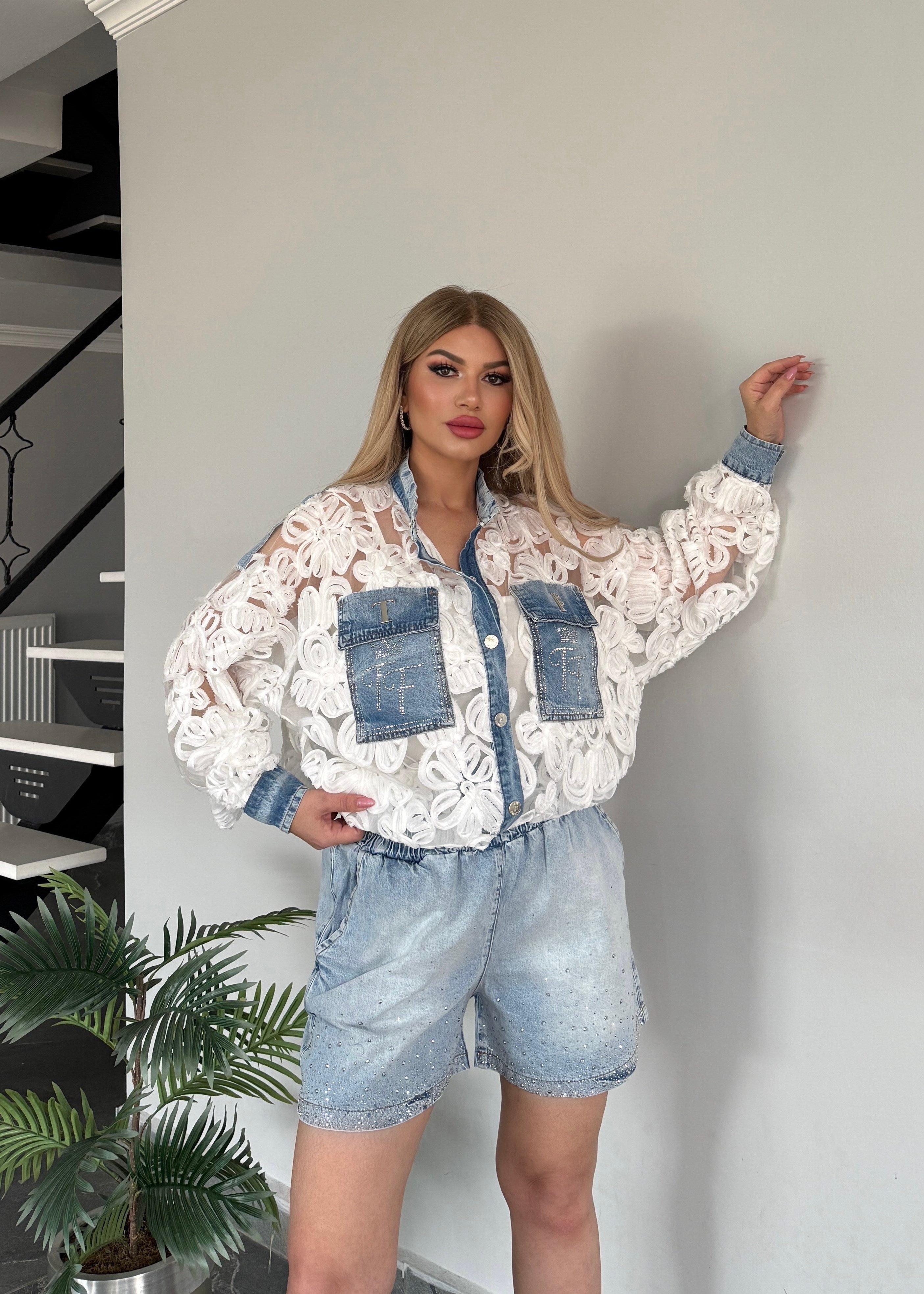Kot şortlu taşlı dantelli 3 lü takım beyaz 