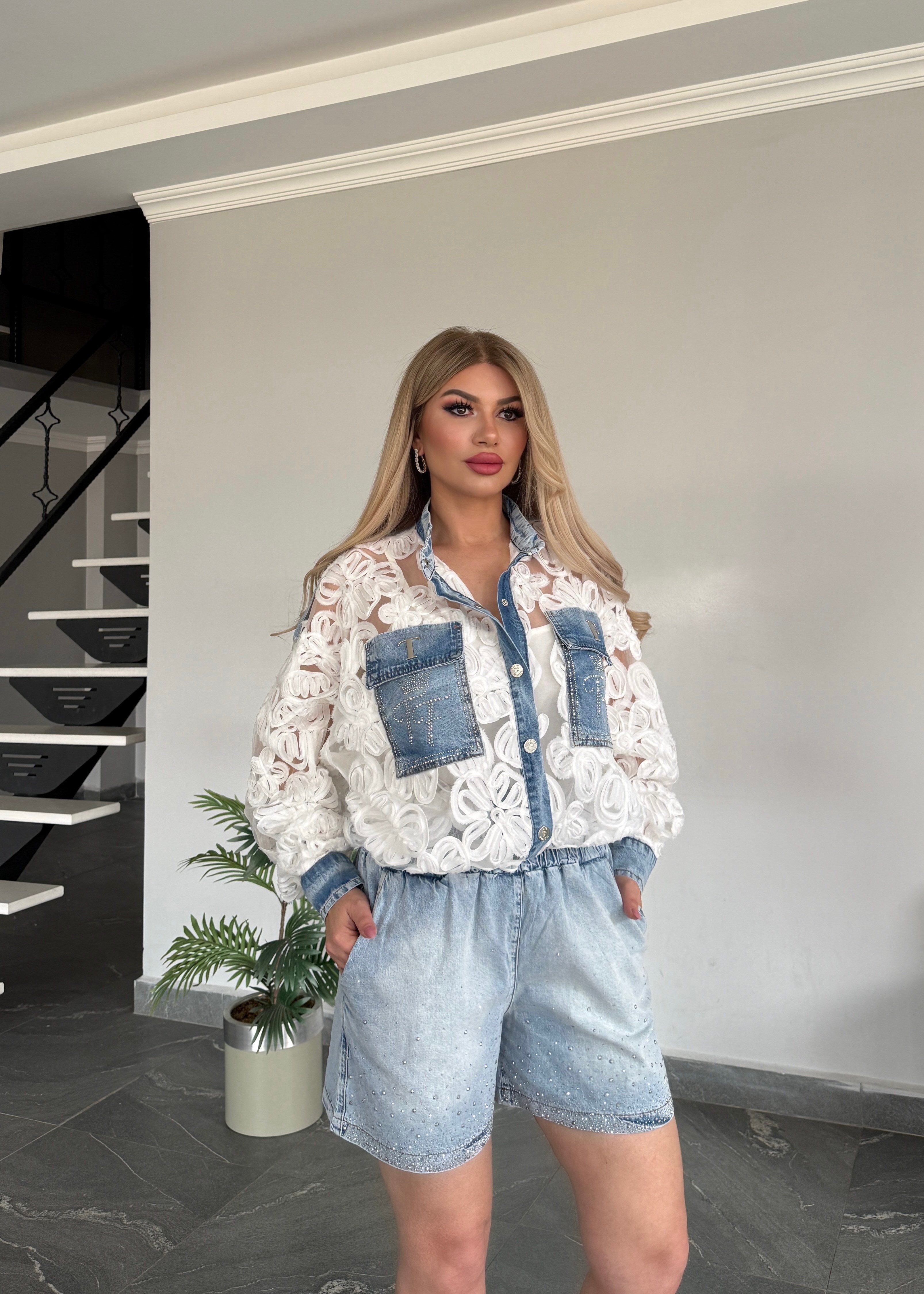 Kot şortlu taşlı dantelli 3 lü takım beyaz 