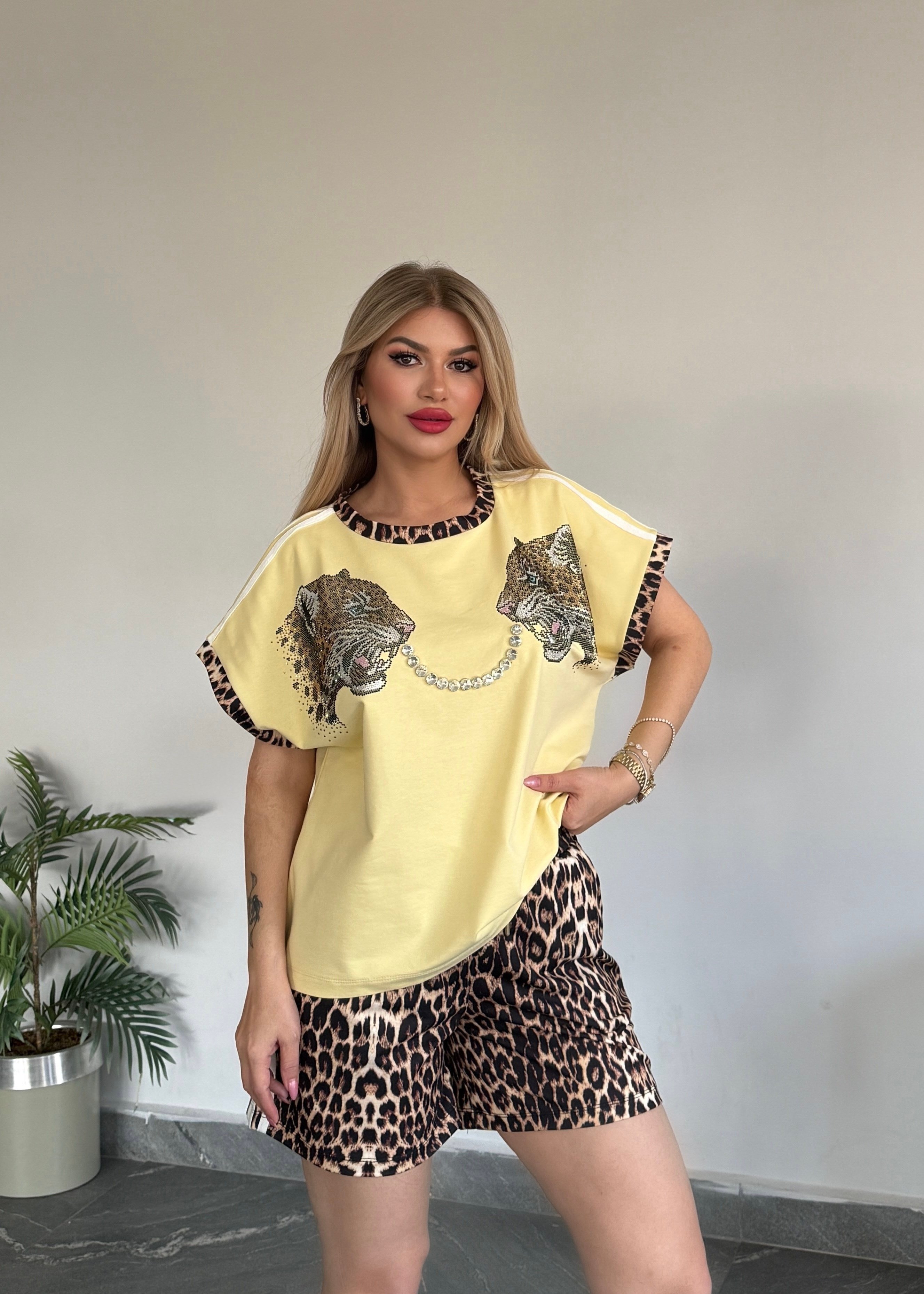 Leopar şort takım sarı 