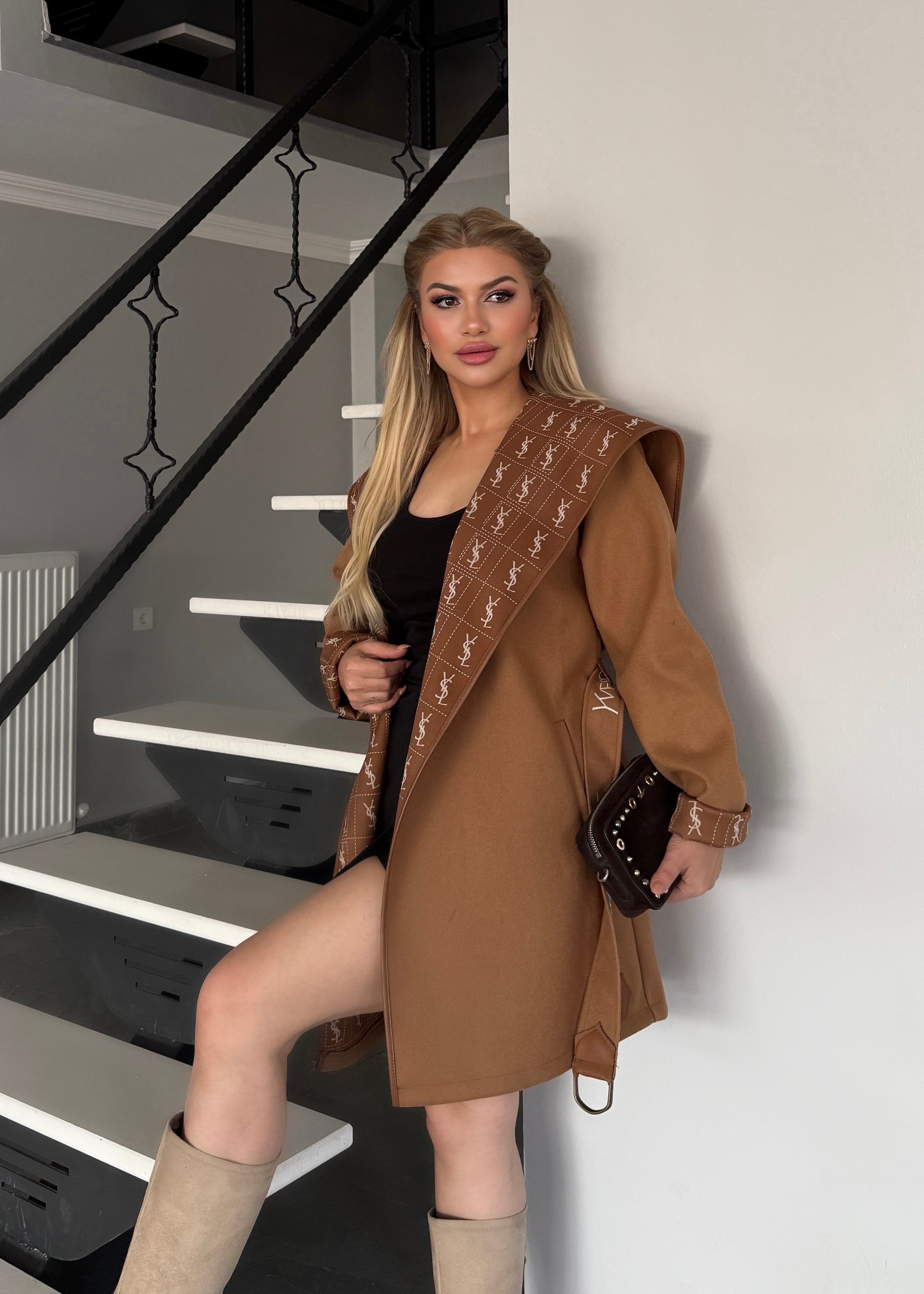 LF kapşonlu trench kahve 