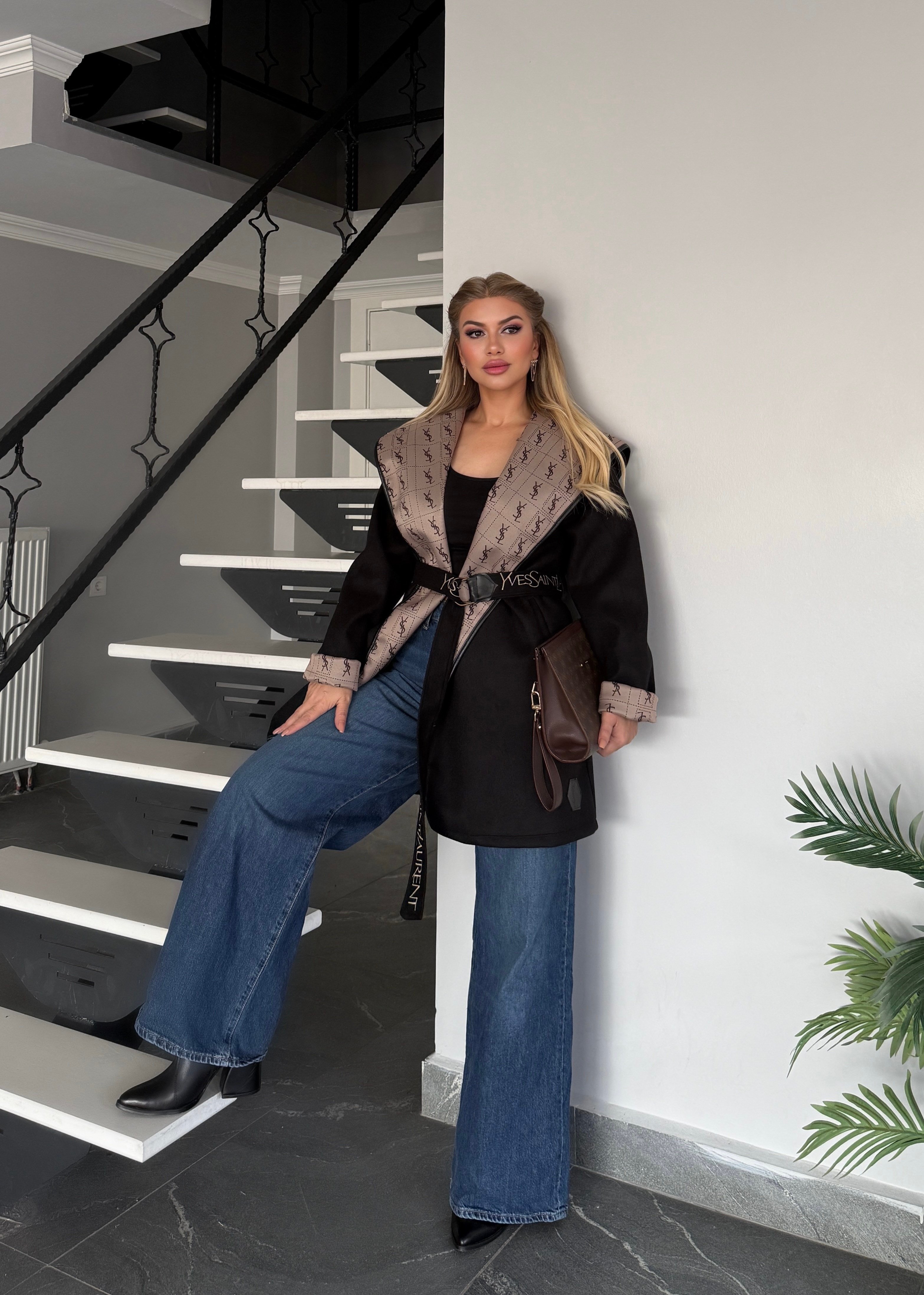 LF kapşonlu trench siyah 