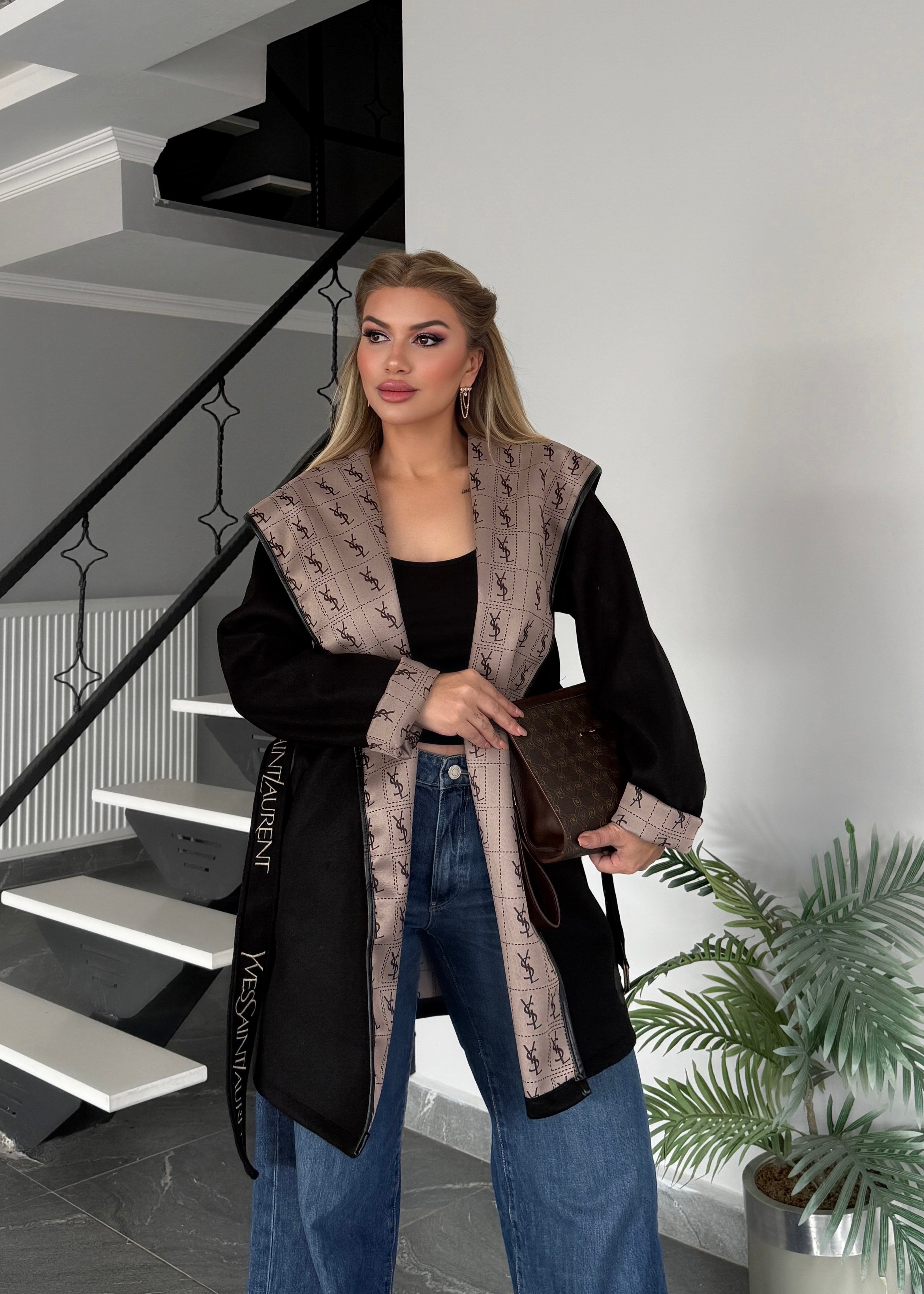 LF kapşonlu trench siyah 