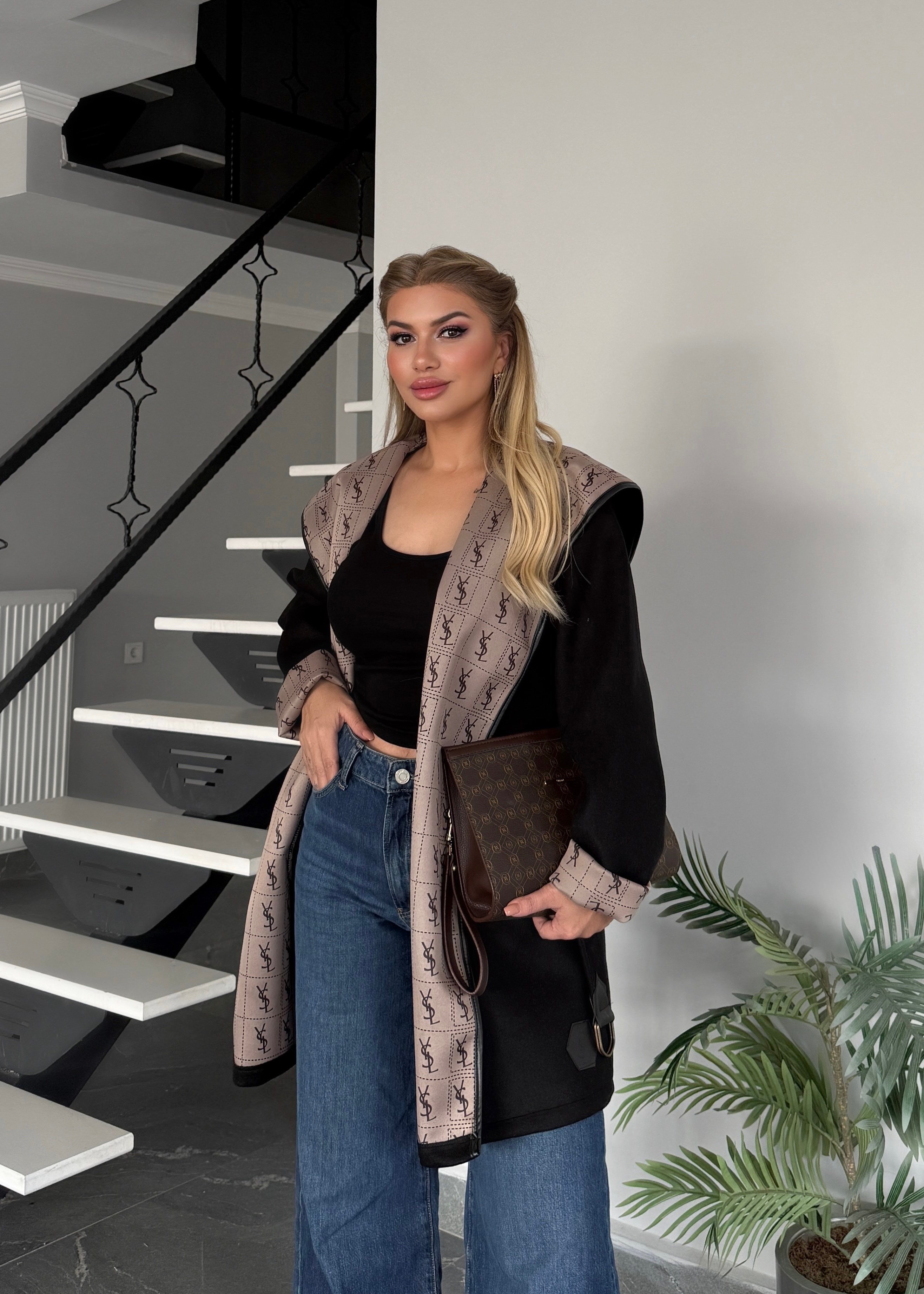 LF kapşonlu trench siyah 