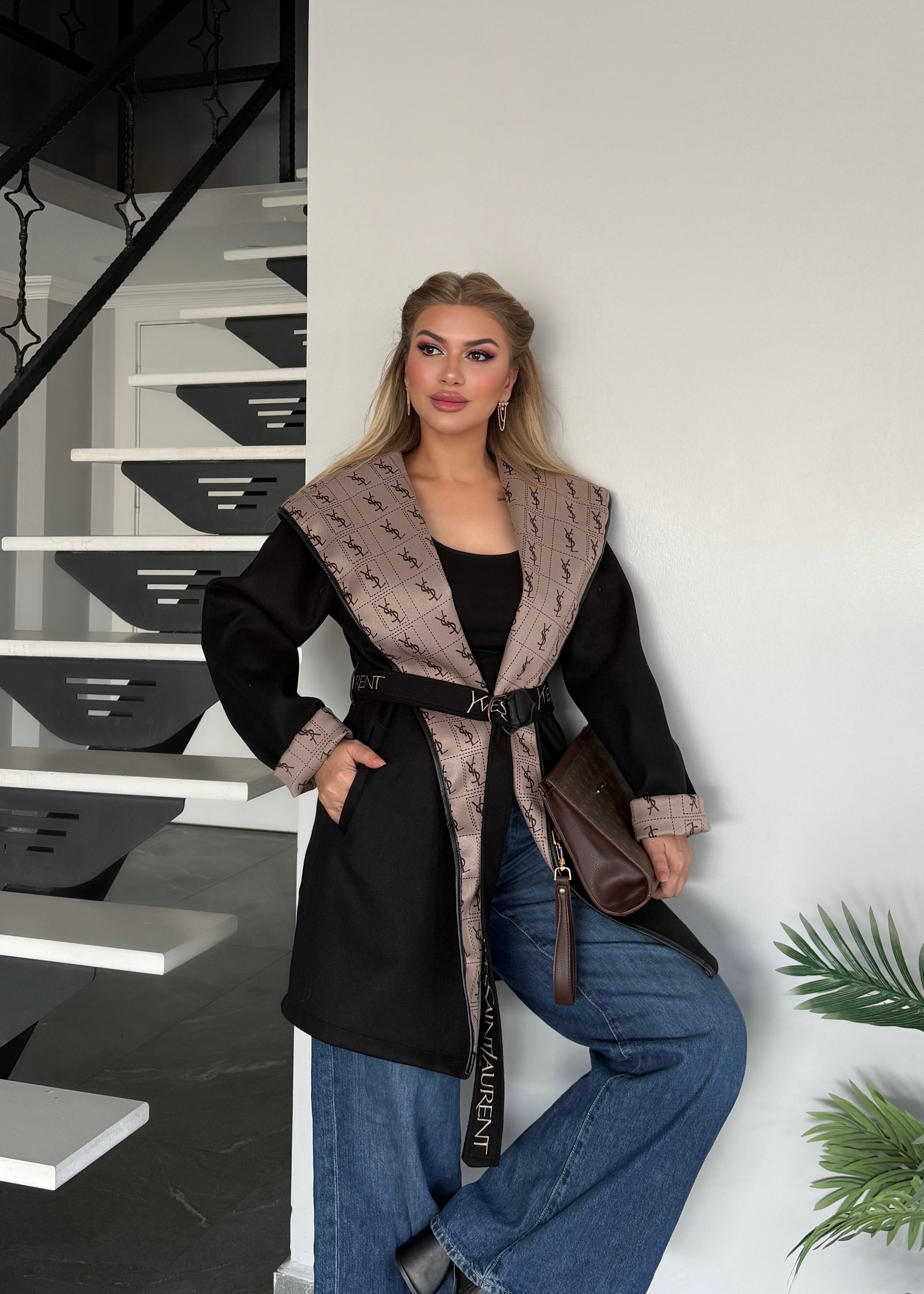 LF kapşonlu trench siyah 