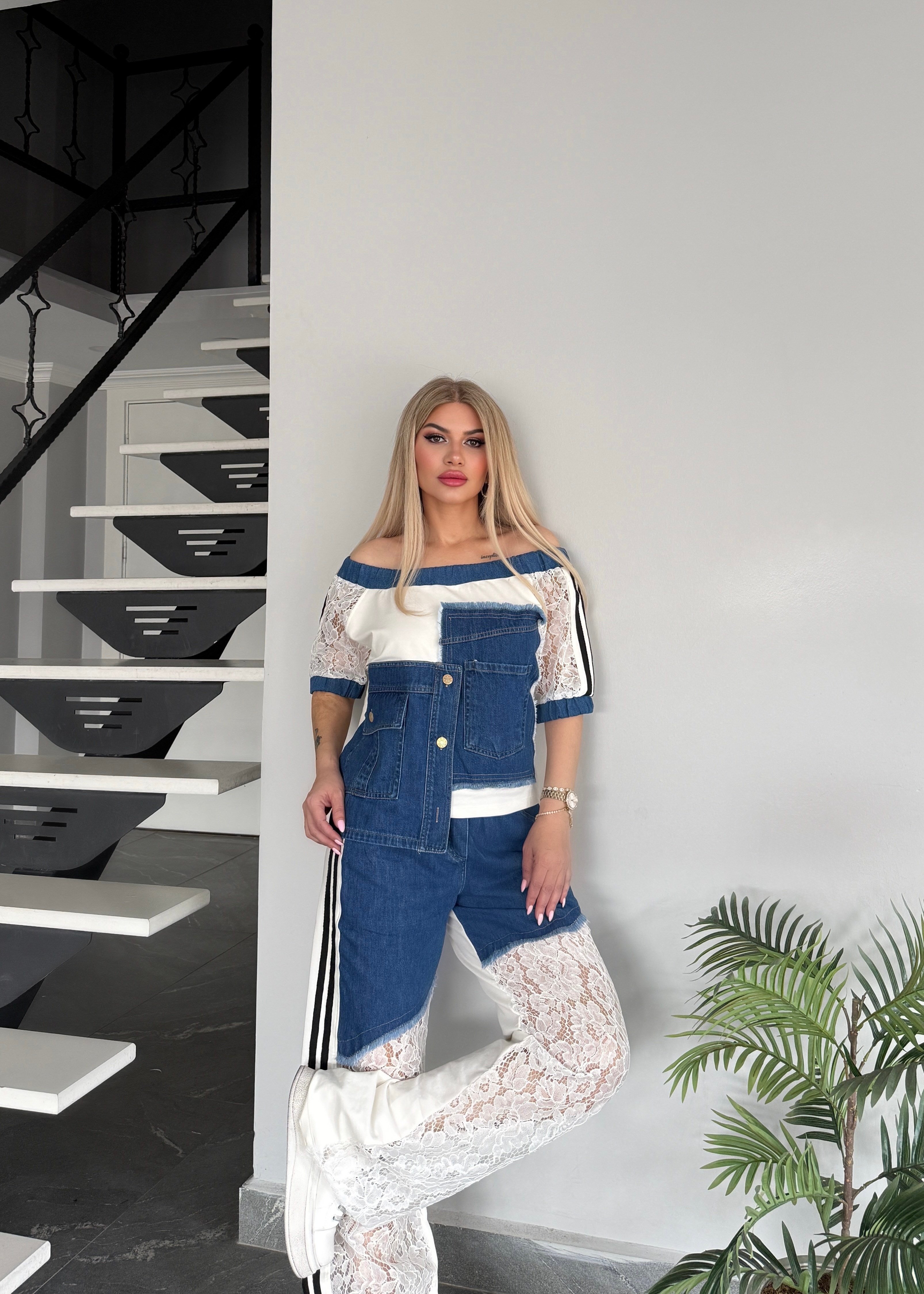 Madonna yaka dantel kotlu takım beyaz 