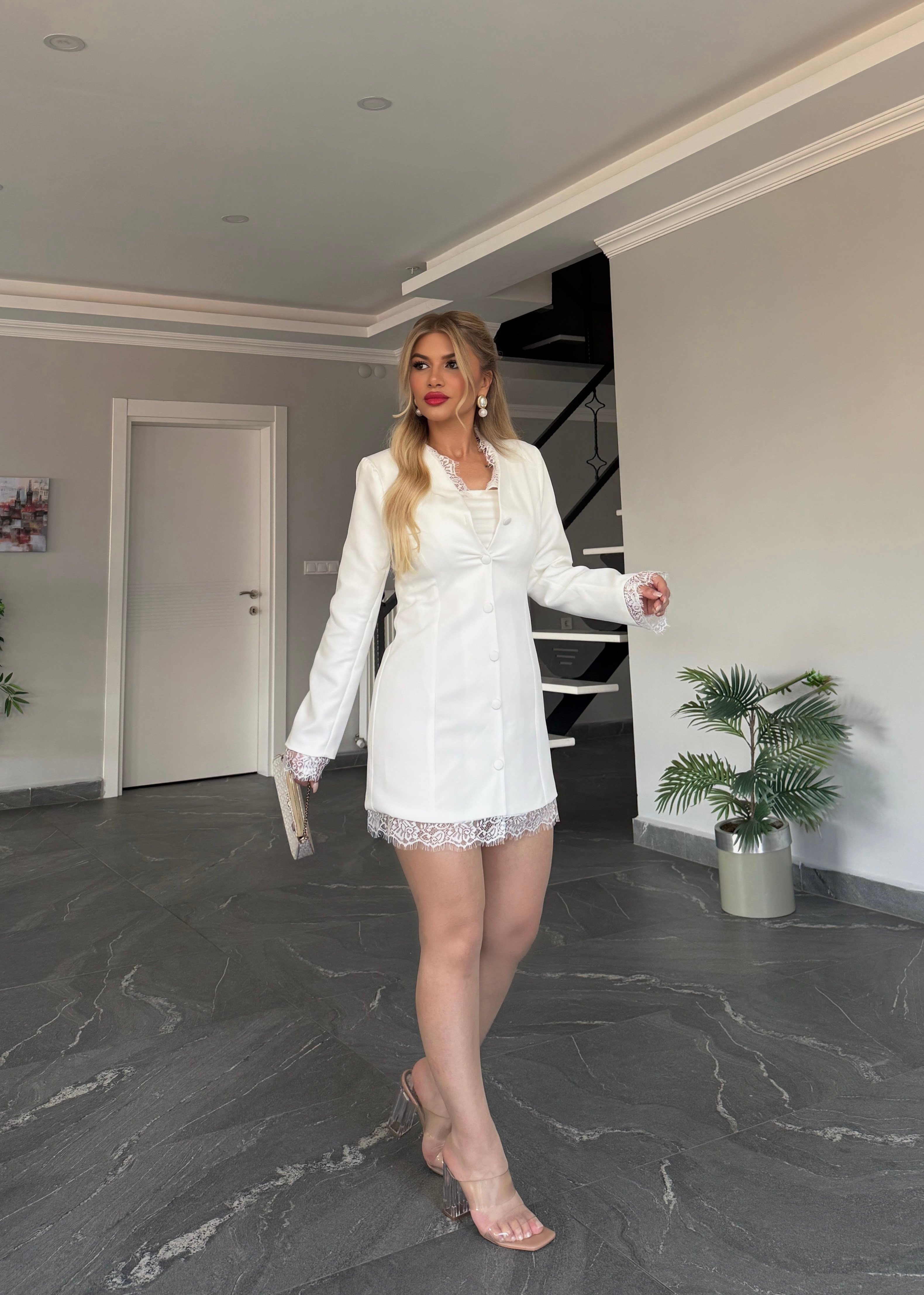 Mini dantelli ceket elbise beyaz 