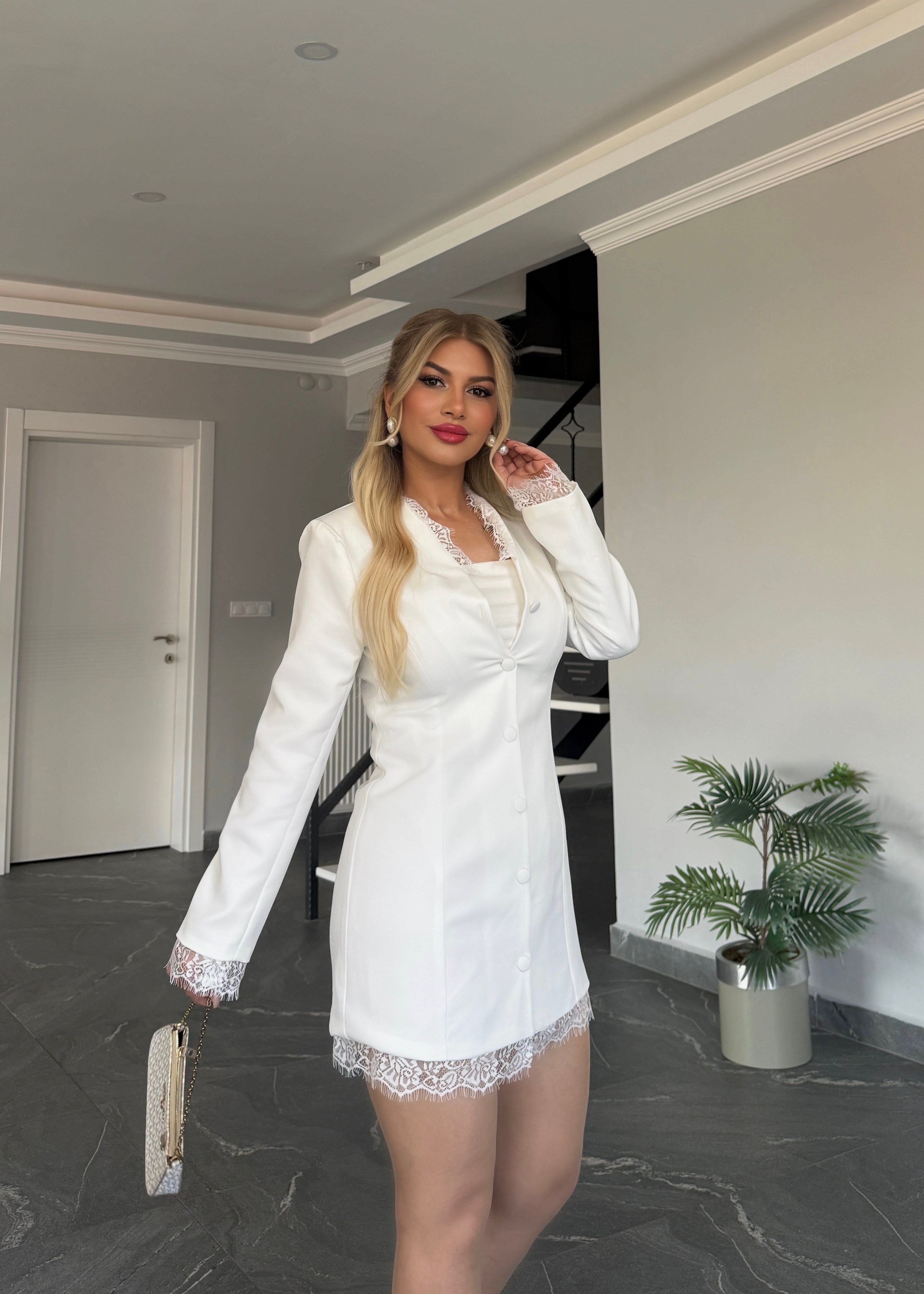 Mini dantelli ceket elbise beyaz 