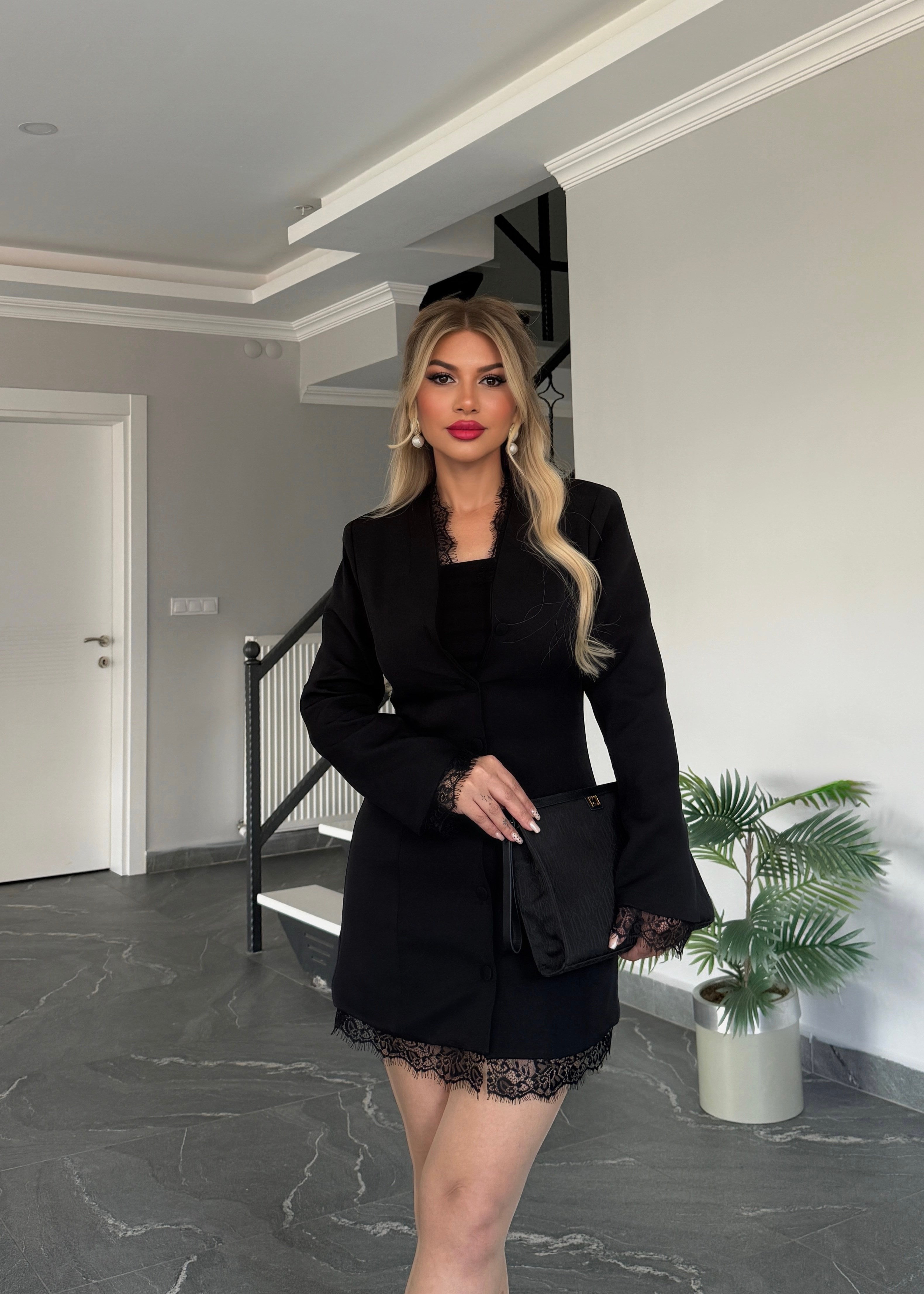 Mini dantelli ceket elbise siyah 