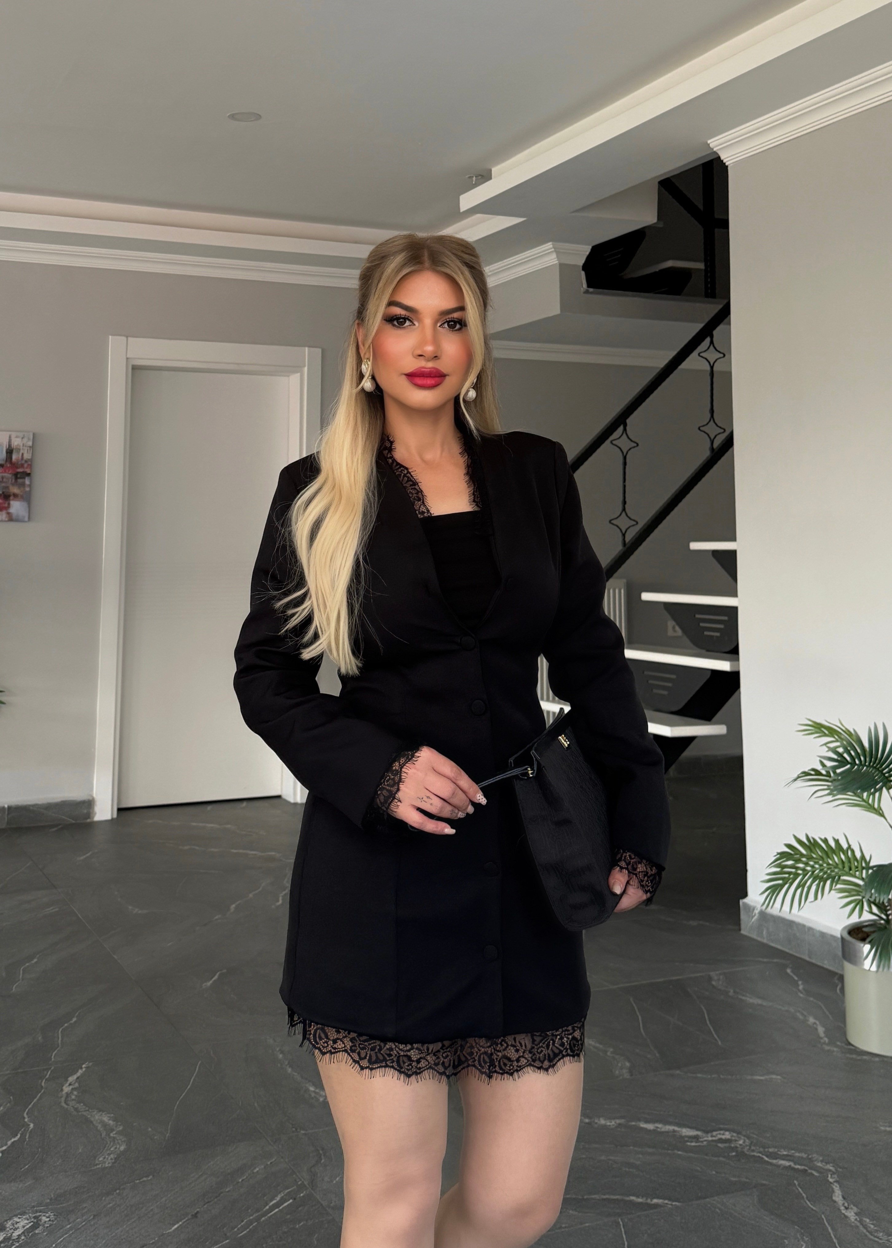 Mini dantelli ceket elbise siyah 