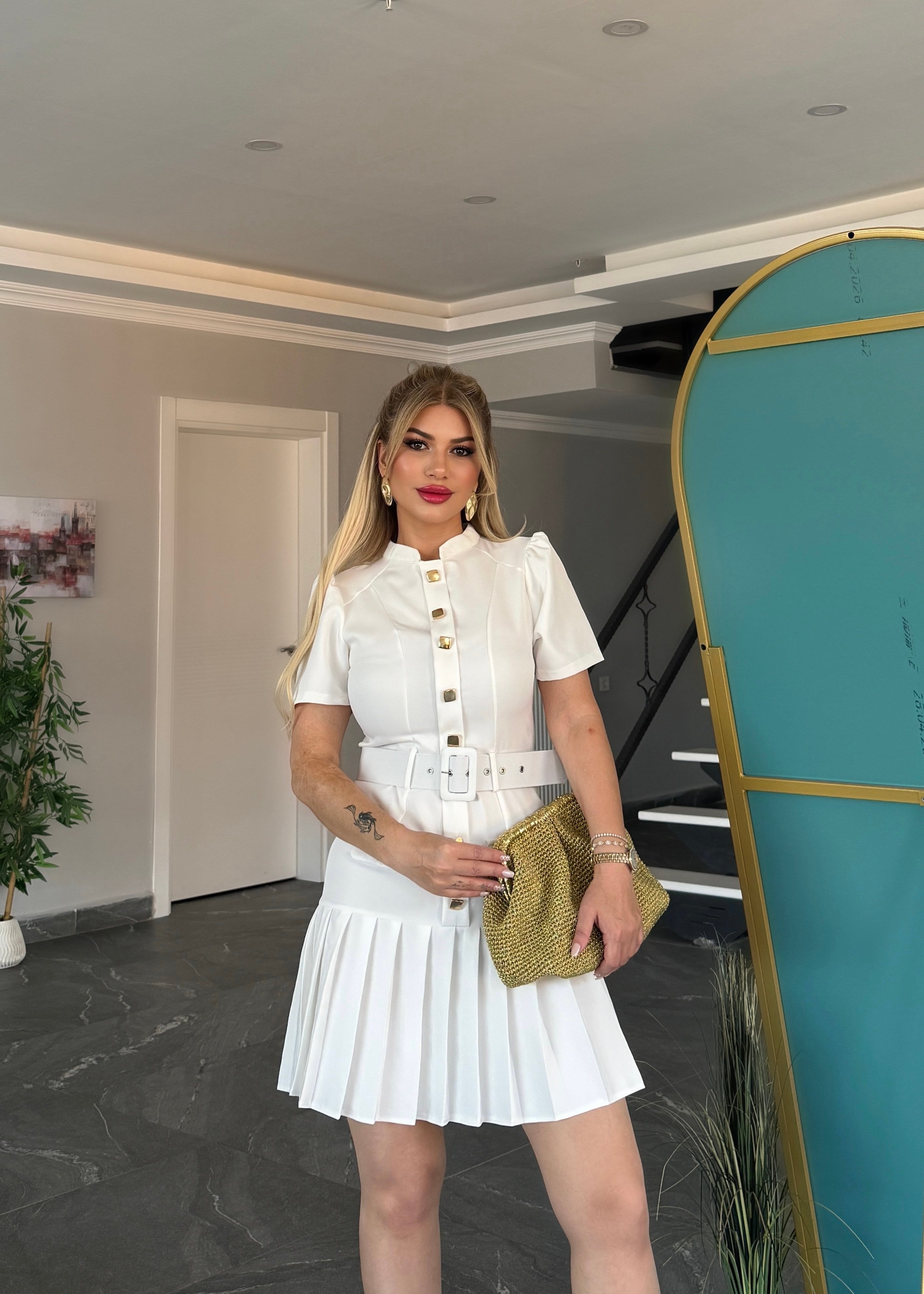 Monaco Kemerli Piliseli Elbise Ekru