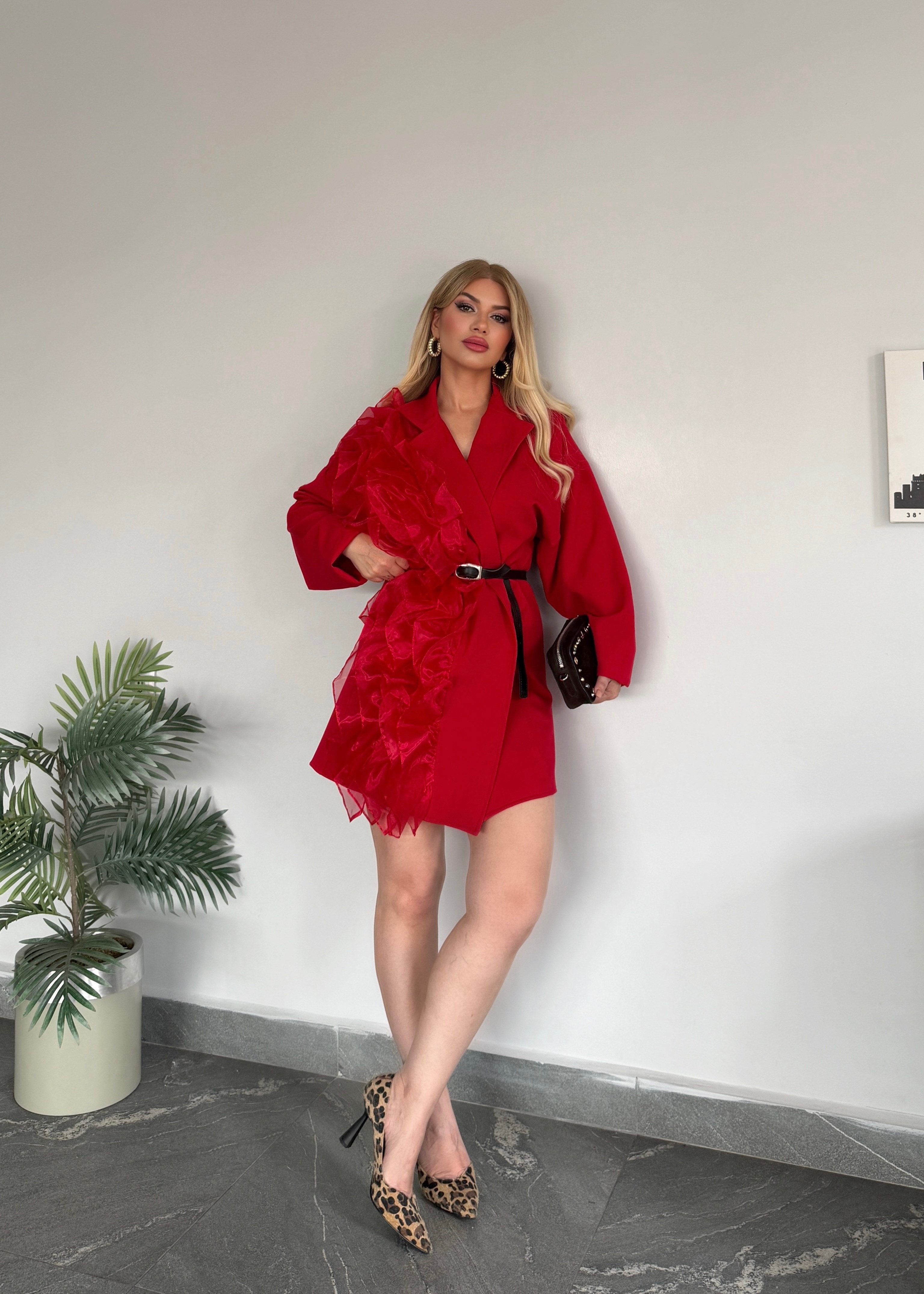 Organze tüllü ceket elbise kırmızı  