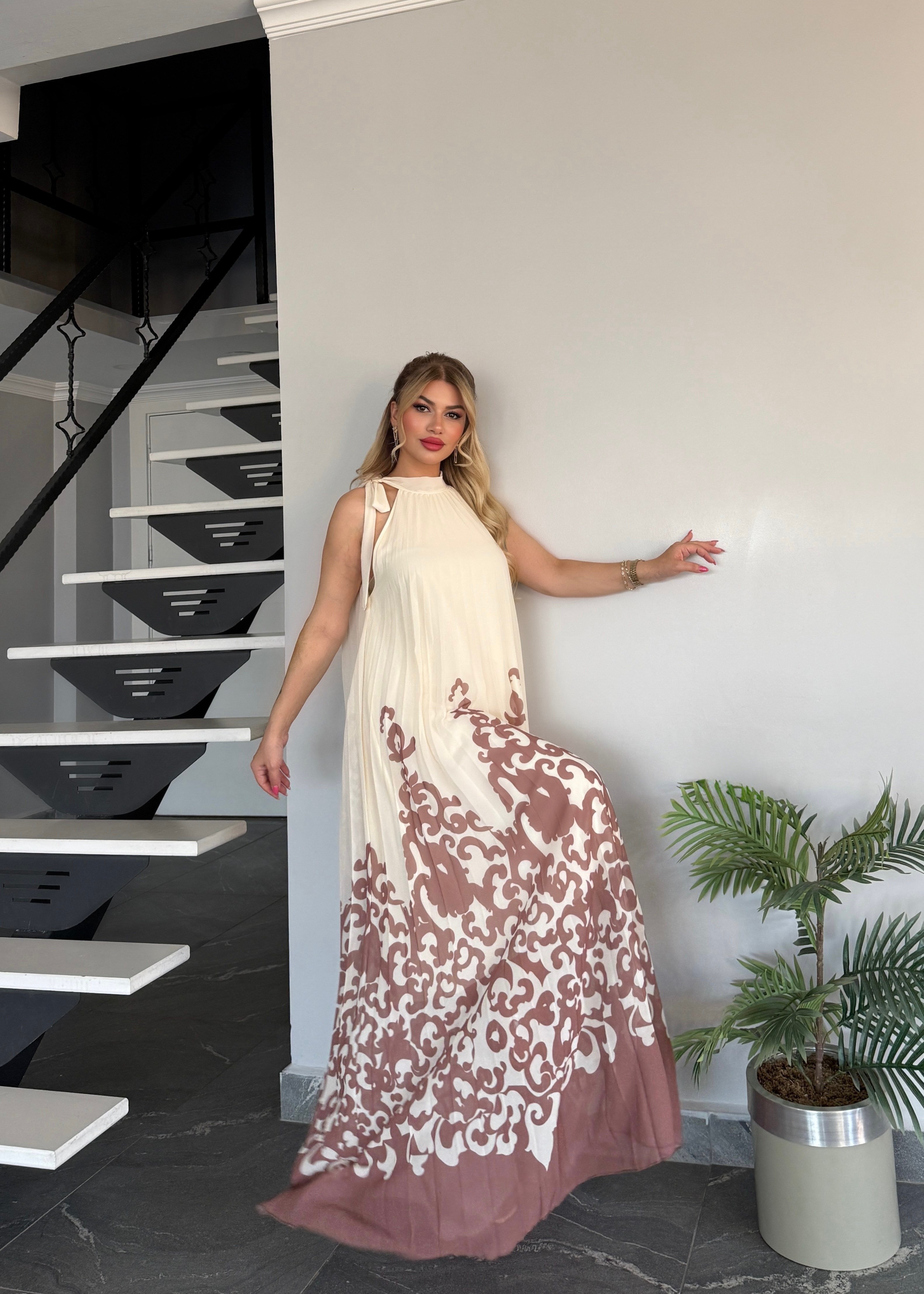 Pilise detaylı şifon elbise nude 