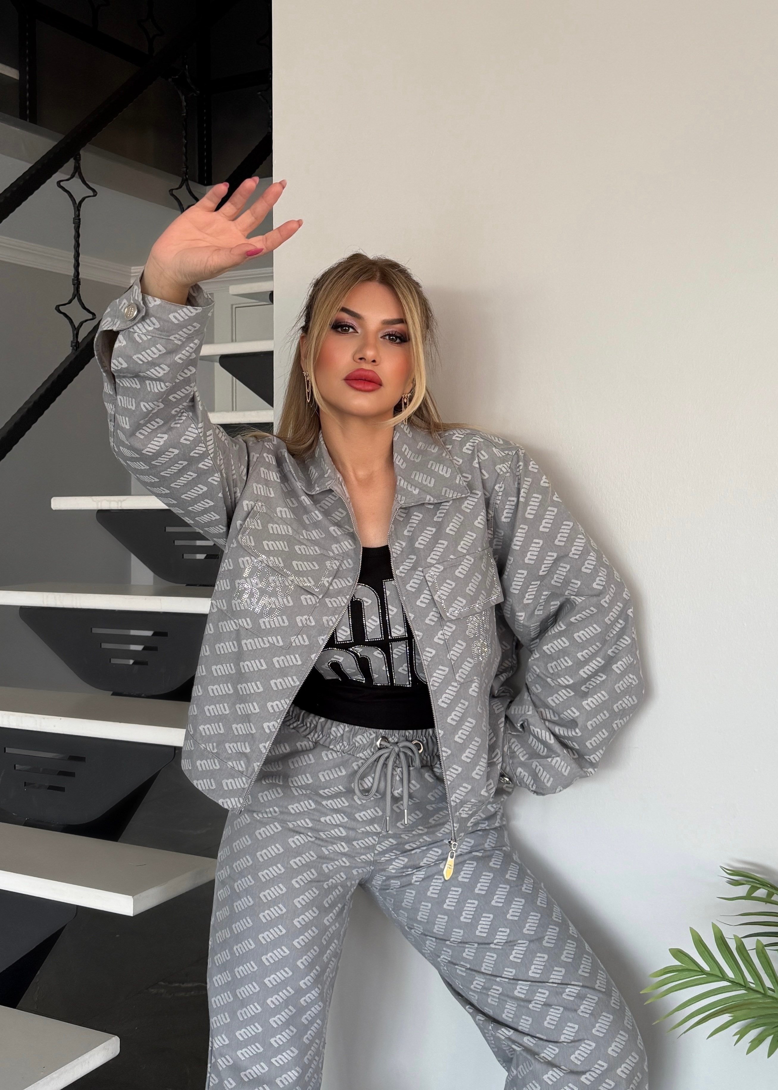 Royal 3 lü takım açık gri siyah atletli  