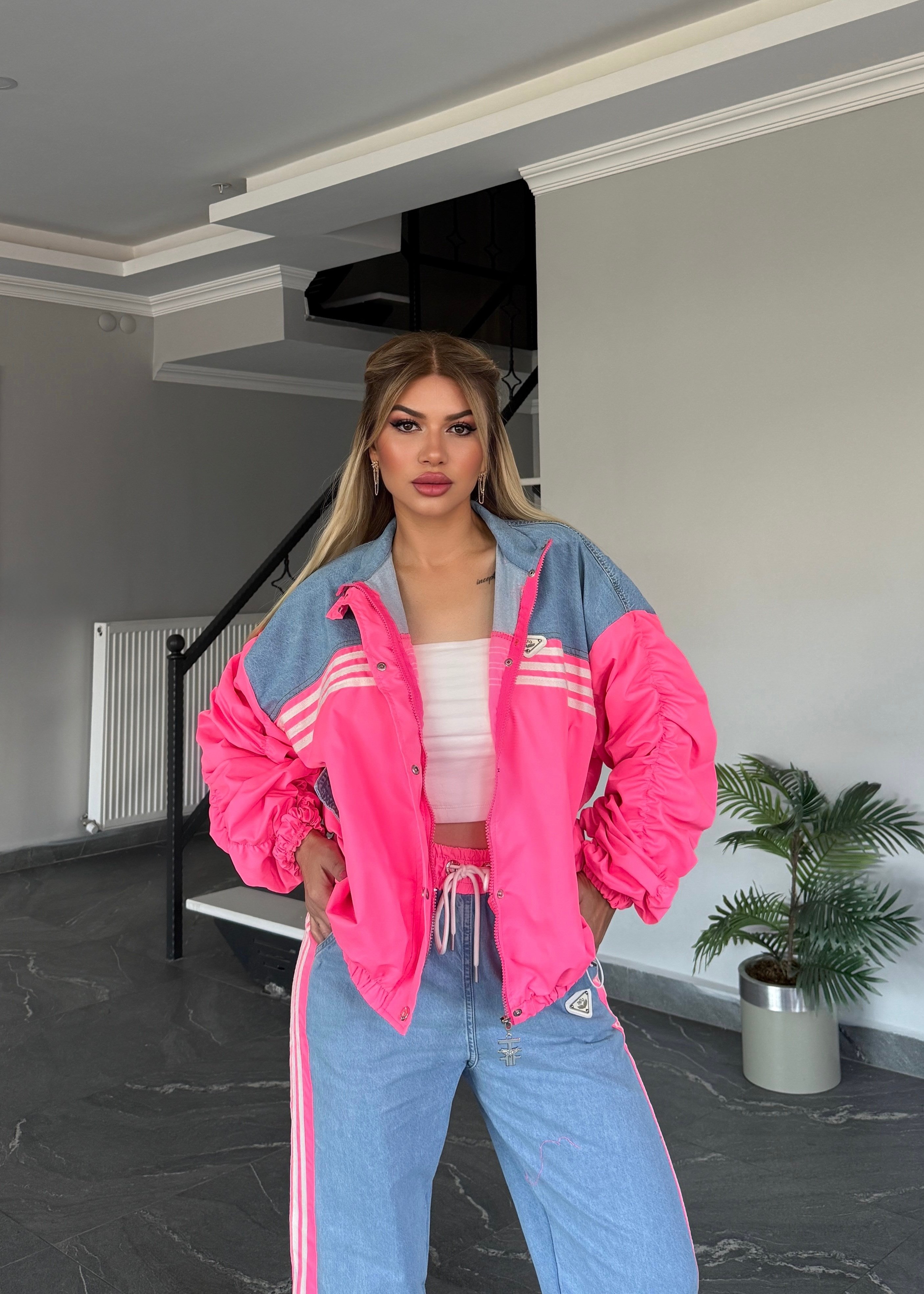 Şeritli kotlu takım pembe 