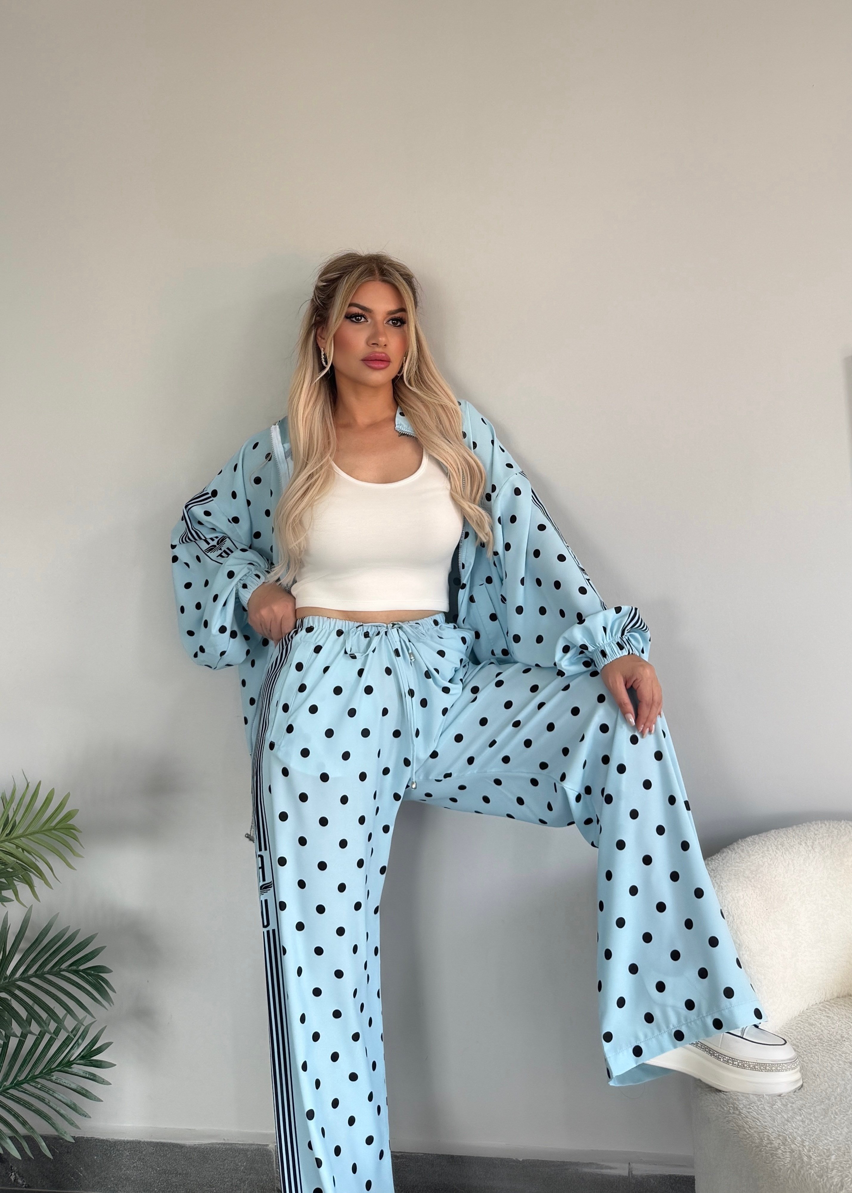 Şifon Puantiye takım 2 Li  mavi 