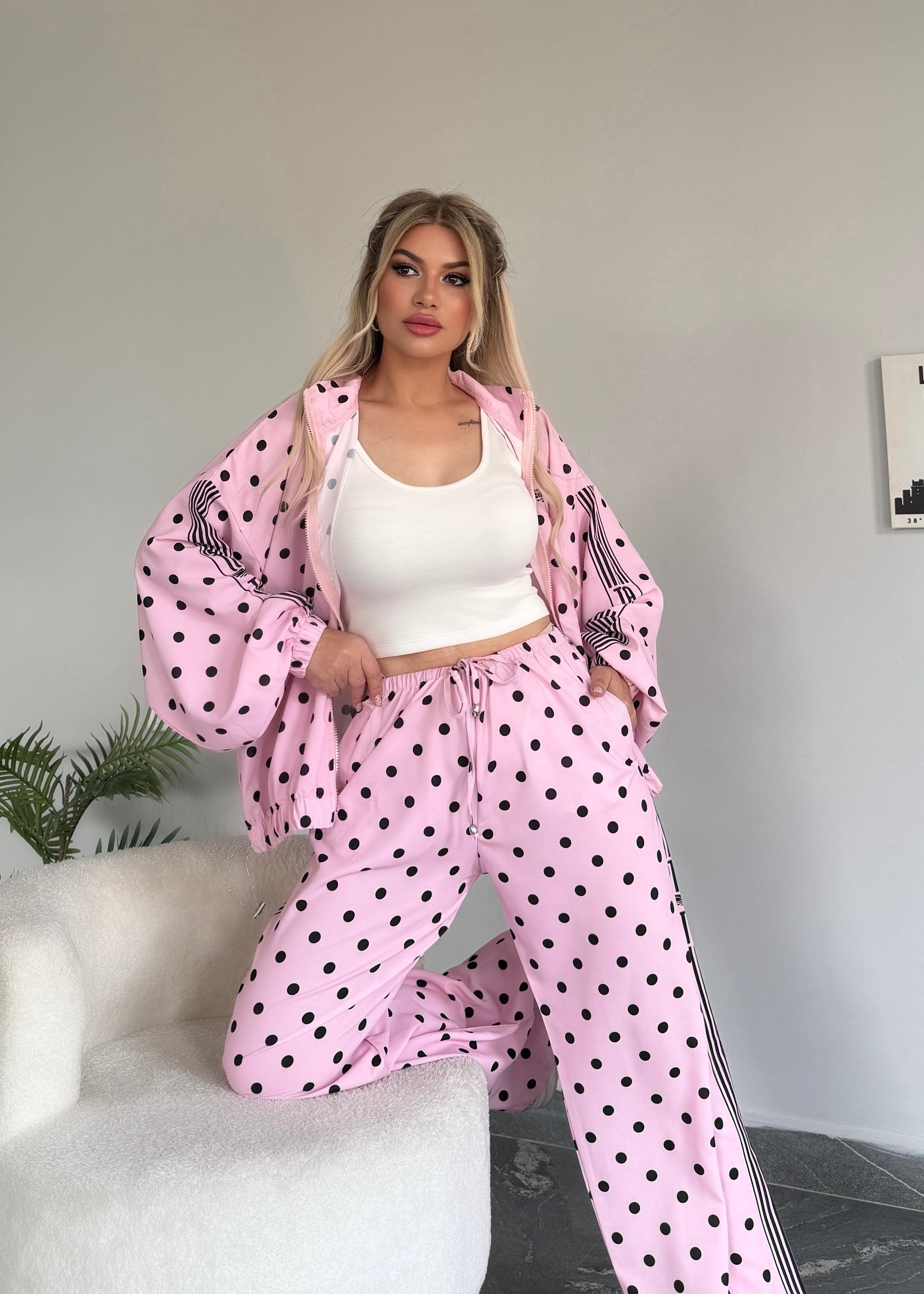 Şifon Puantiye takım 2 Li  pembe 