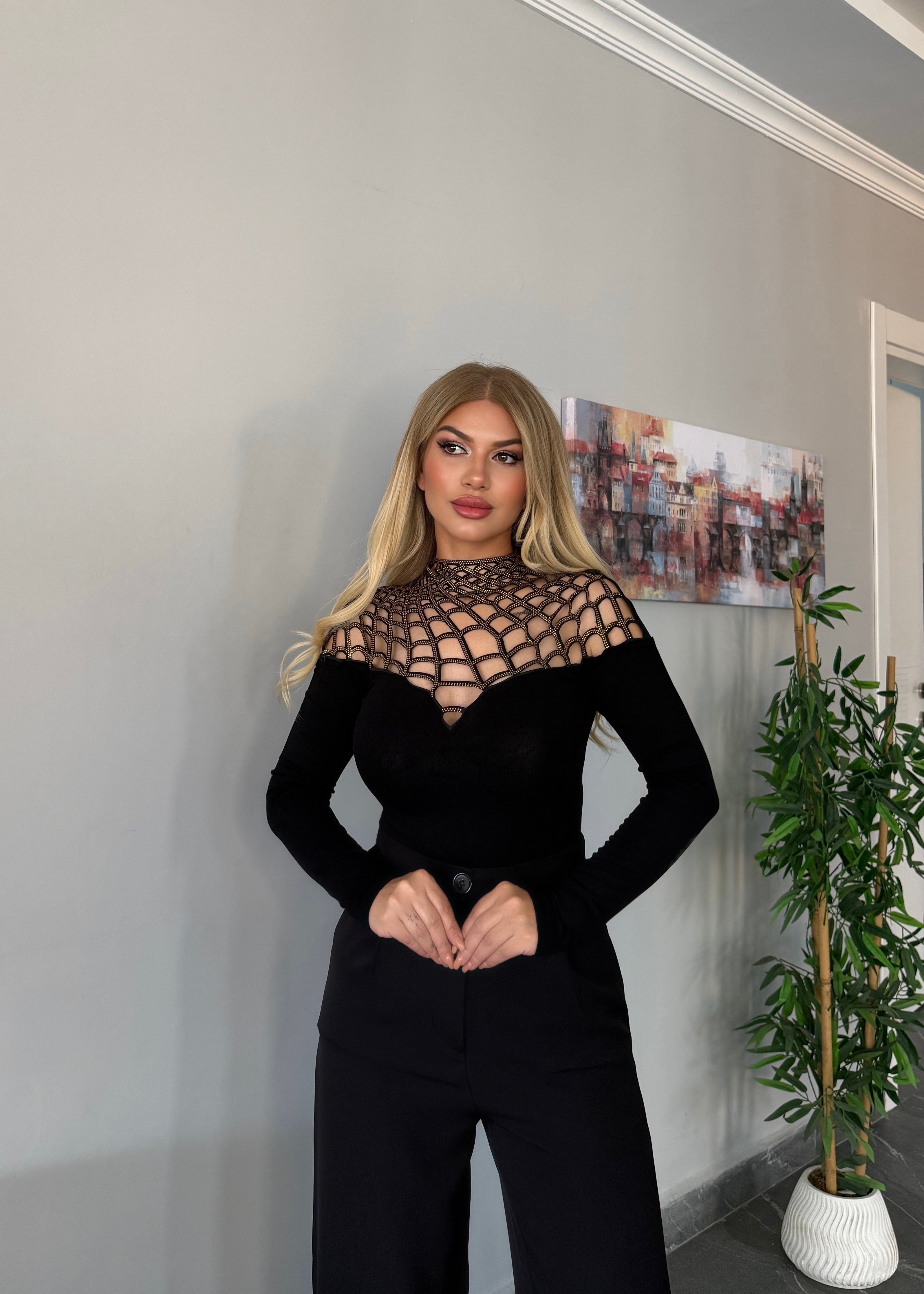 Spider taşlı bluz gold taşlı 