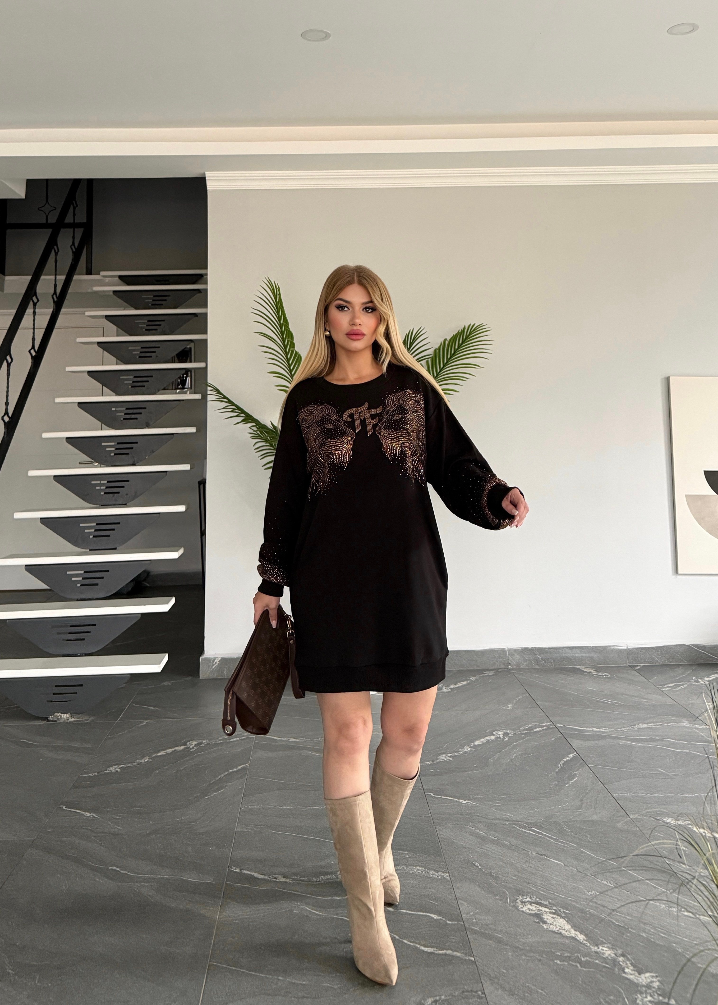 Taşlı İthal Tunik Elbise Siyah 