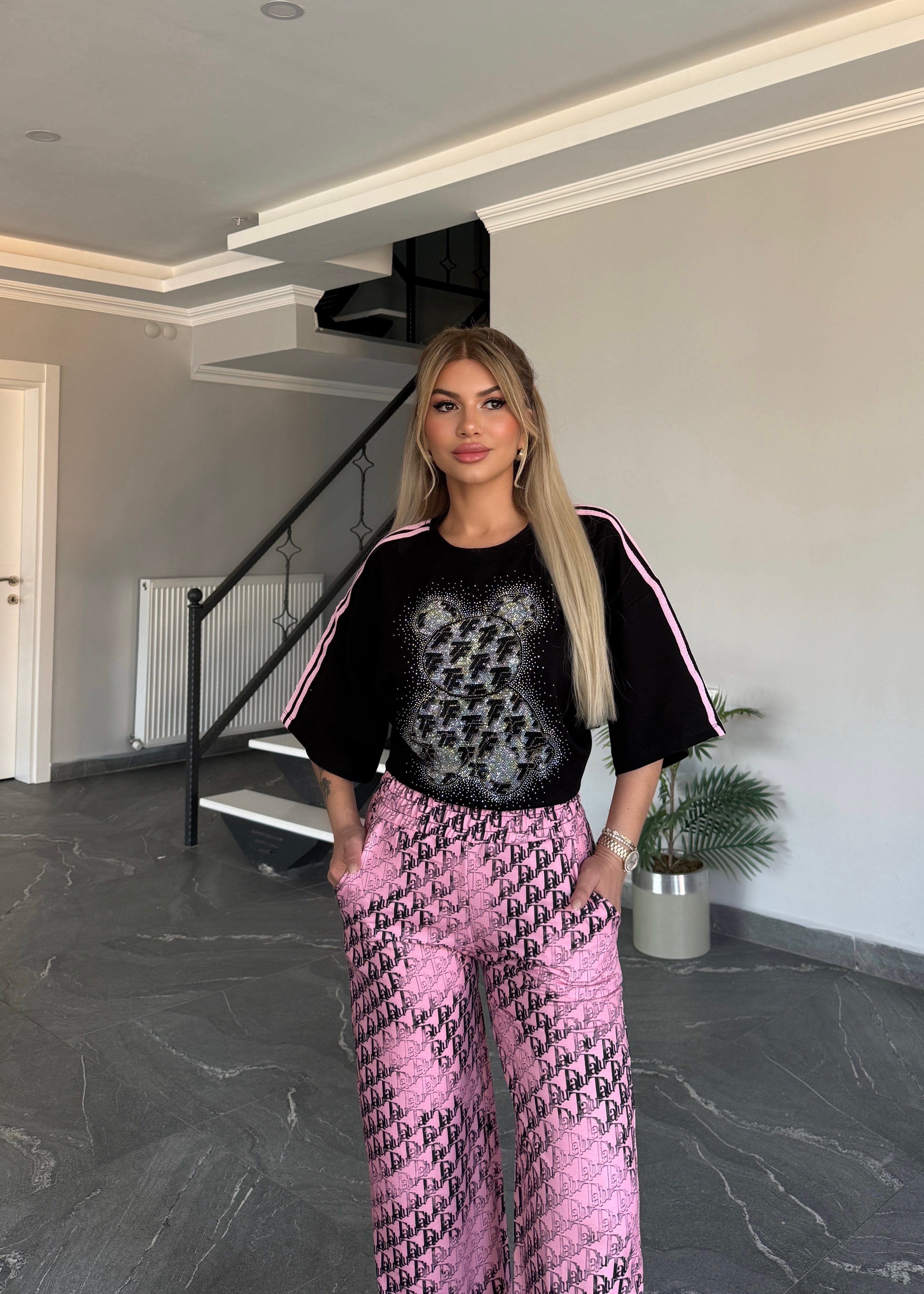 Teddy kısa kol takım pembe 