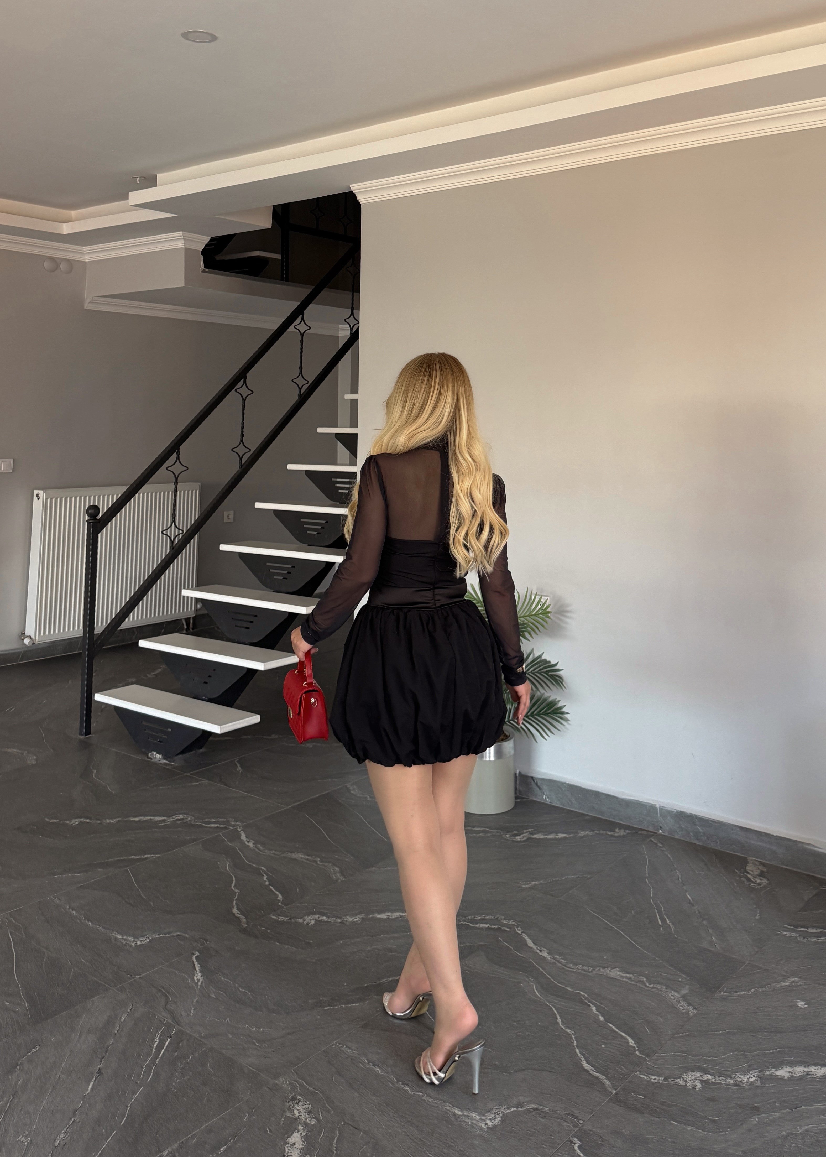 Tül Detaylı Balon Elbise
